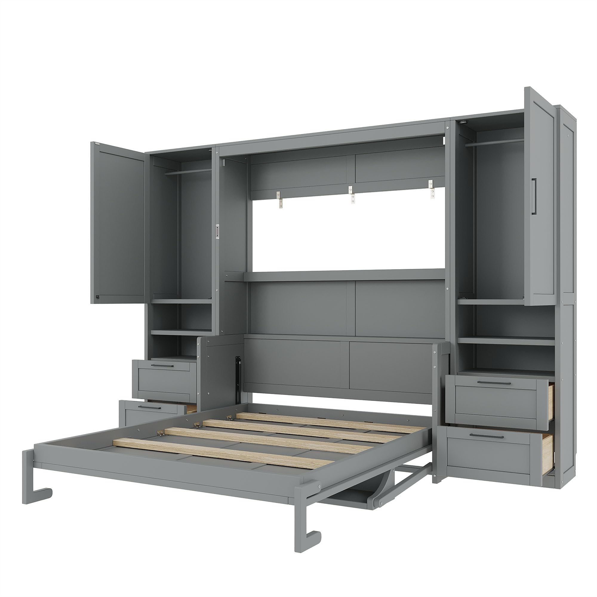 Size Murphy Bed with Desk, Space-Saving Wall Bed Frame with Closet