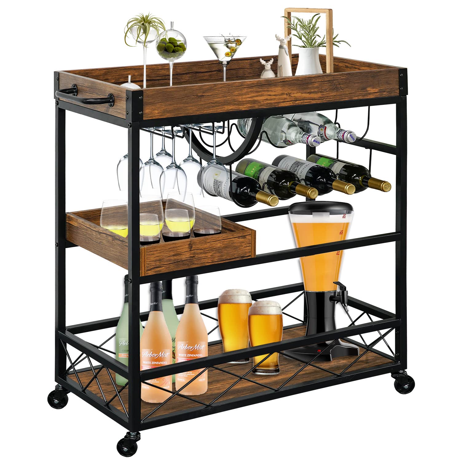 3-Tier Industrial Rolling Bar Cart with Wine Rack & Glass Holder