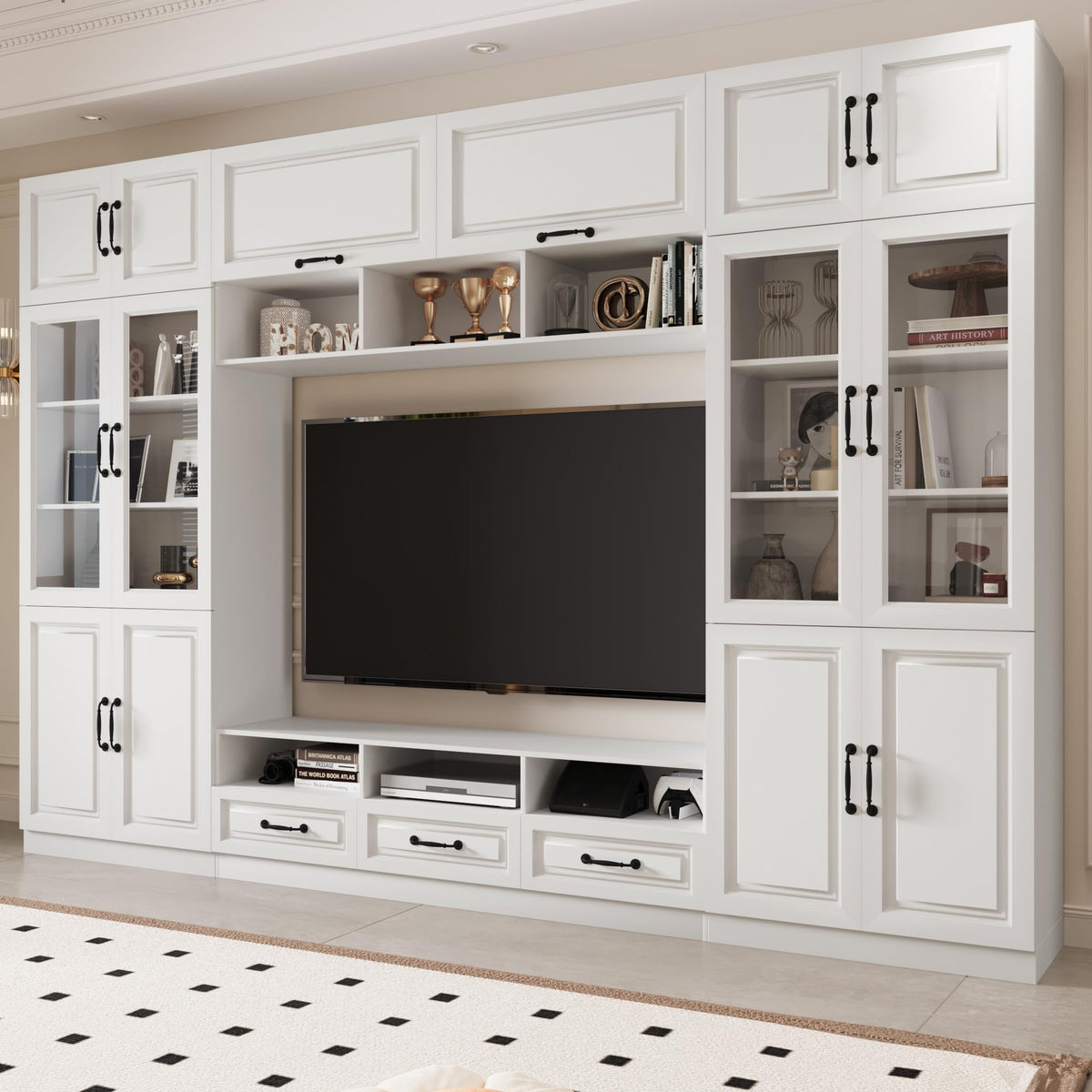 126" 4-Piece Entertainment Center Wall Unit with Glass Doors & Drawers