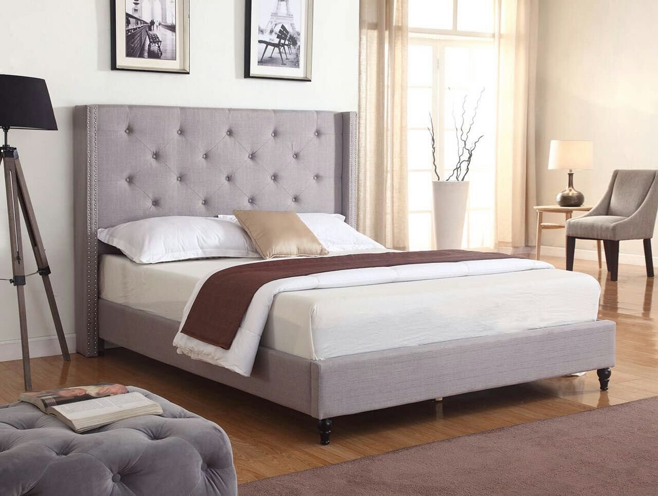 Premiere Classics Cloth Light Grey Silver Linen 51" Tall Headboard Platform Bed
