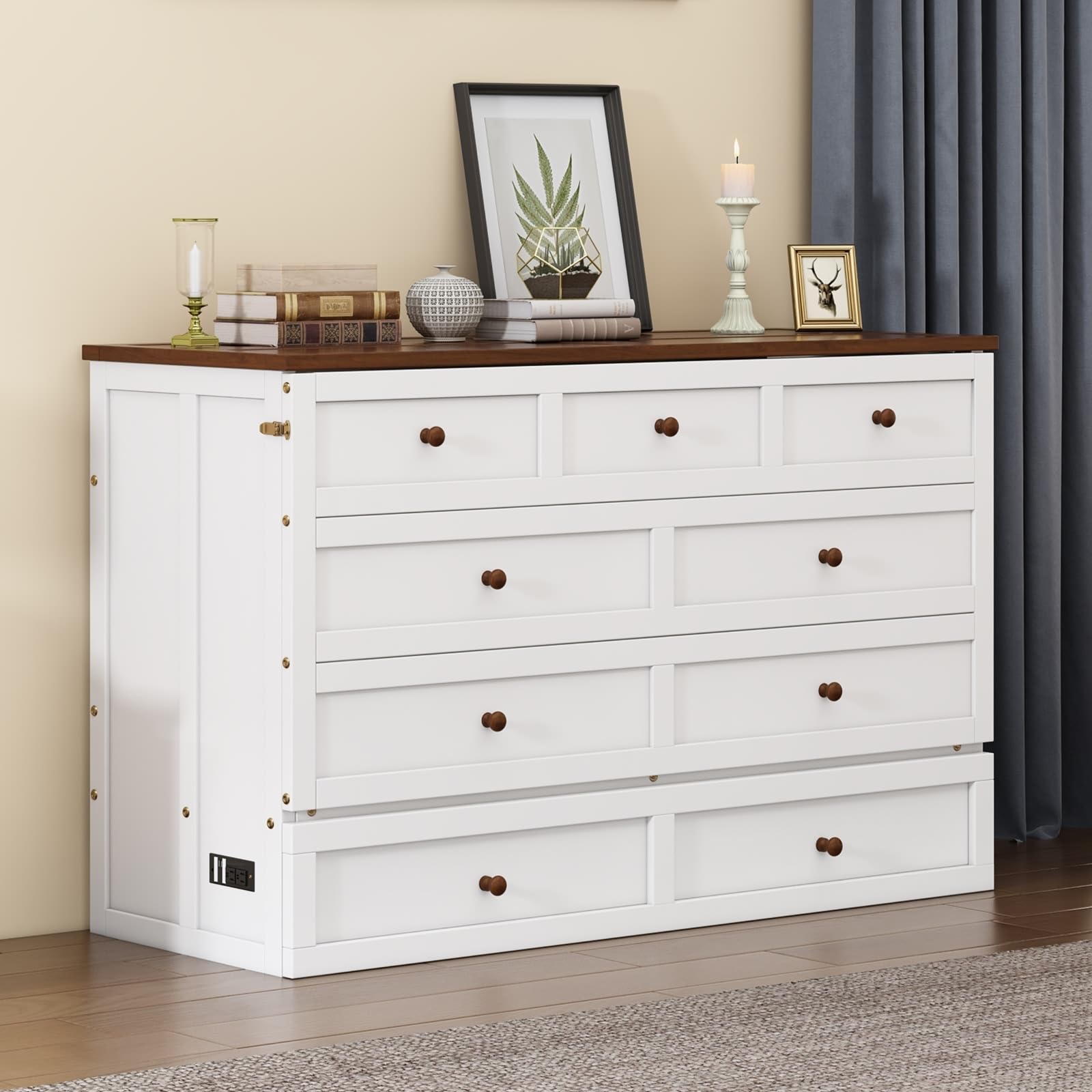 DIY Murphy Bed Kit Boho Full Size Bed Frame 75.4" L x 57.1" W x 40.4" H with Charging