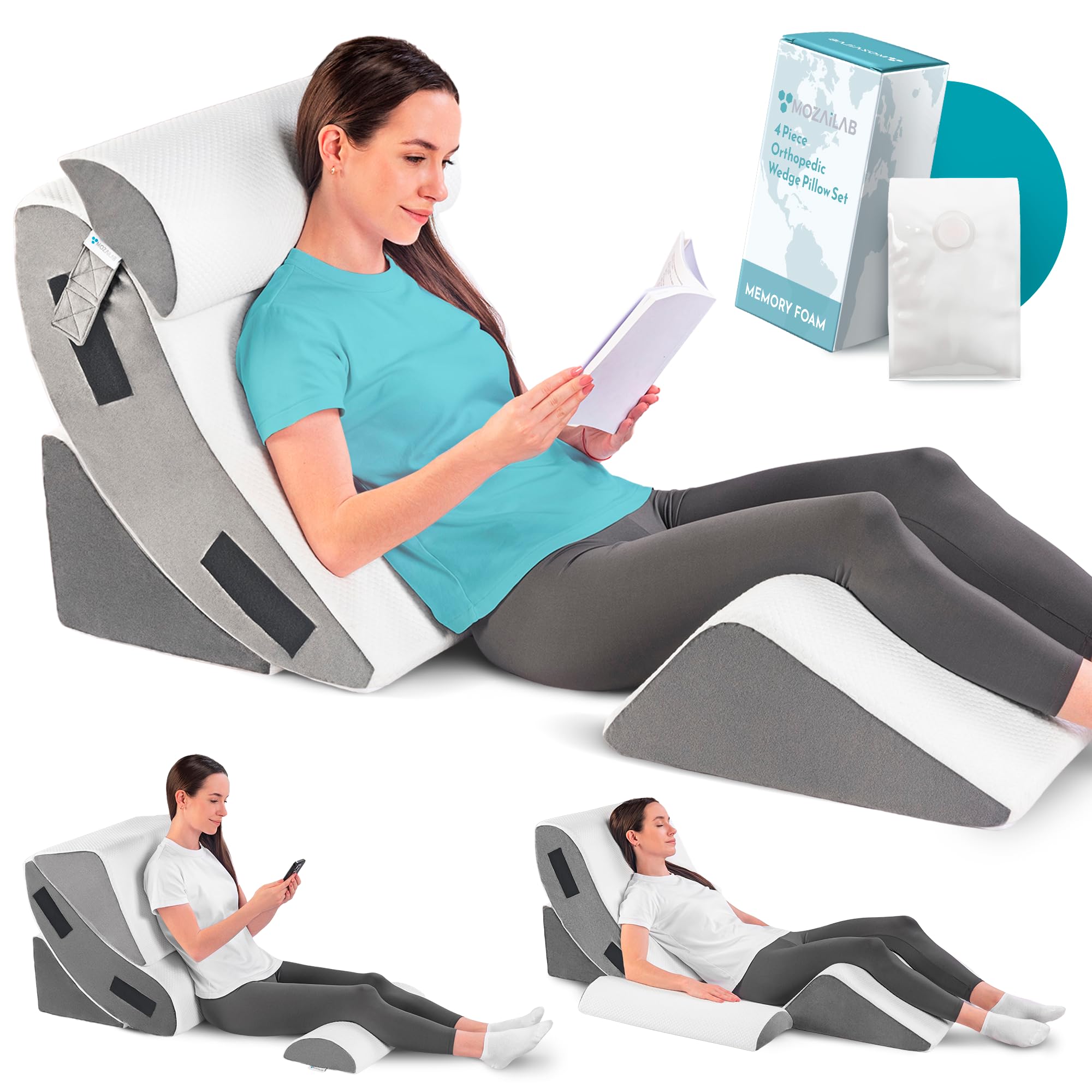 Orthopedic Bed Wedge Pillow Set 4PCS – Memory Foam Wedge Pillow for After Surgery