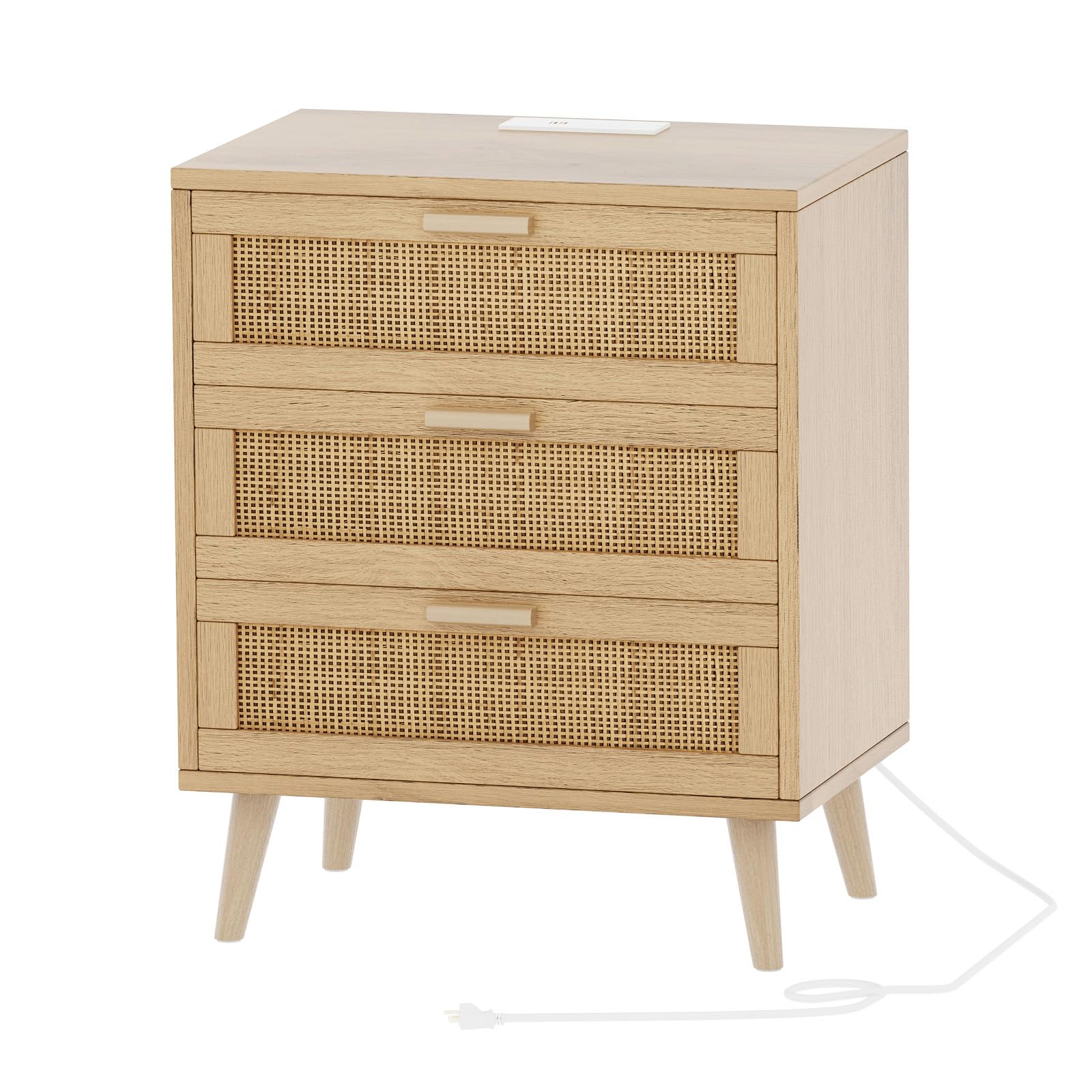 Rattan Nightstand with Charging Station, Night Stand with 3 Drawers