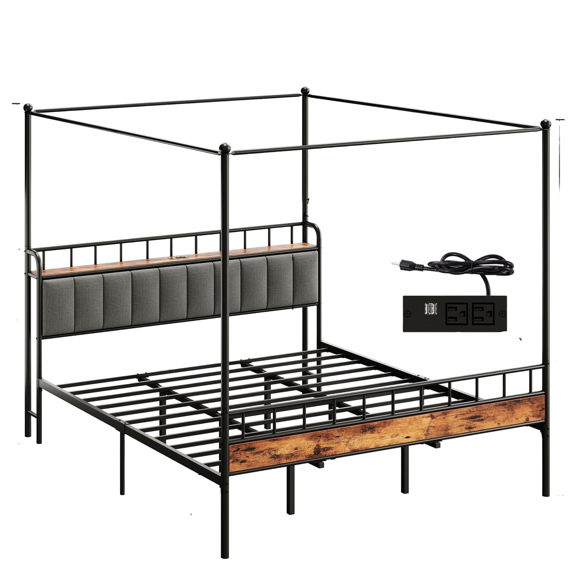 Canopy Bed Frame King, Storage Headboard with Charging Station