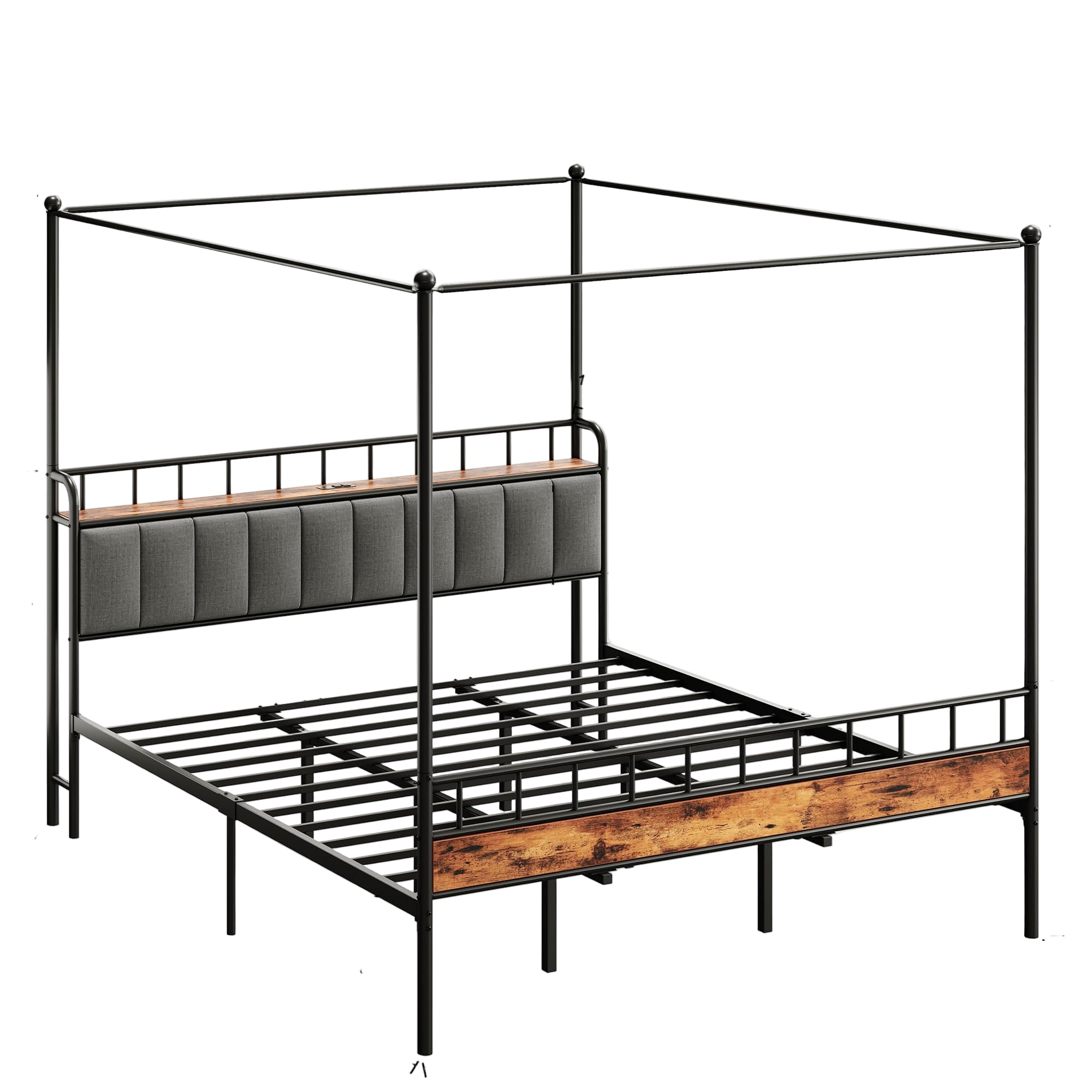 Canopy Bed Frame King, Storage Headboard with Charging Station, Platform Bed