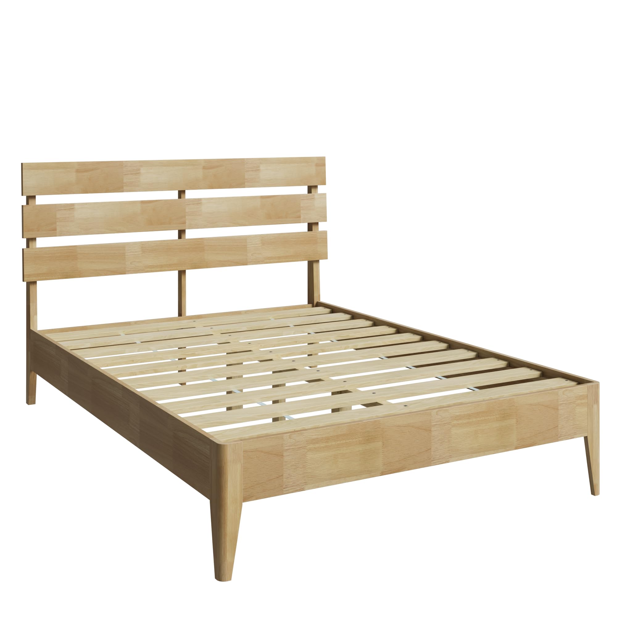Wood Queen Bed Frame with Headboard, Mid-Century Modern Solid Wood Platform Bed