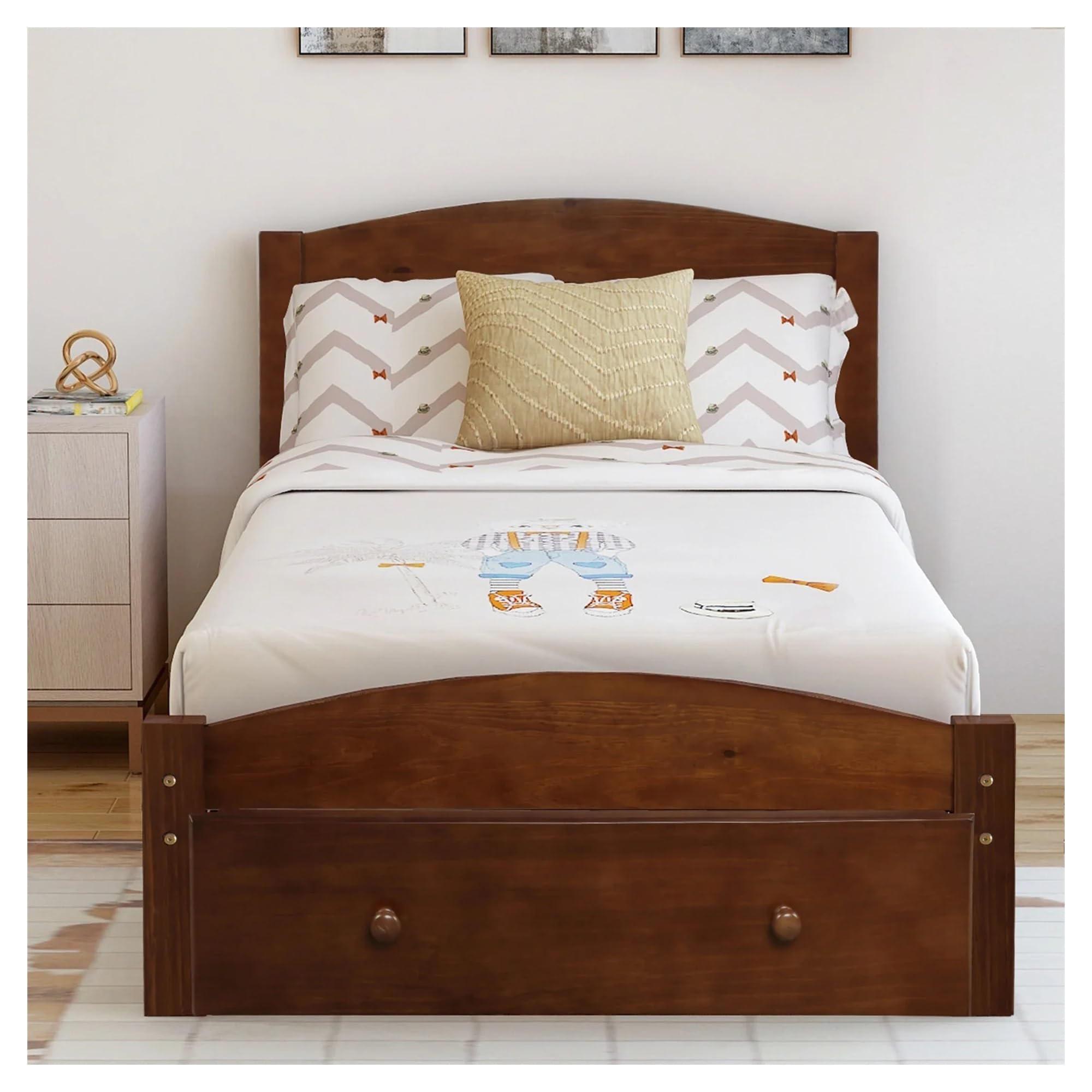 Platform Twin Bed Frame with Storage Drawer and Slat Support No Box Spring Needed