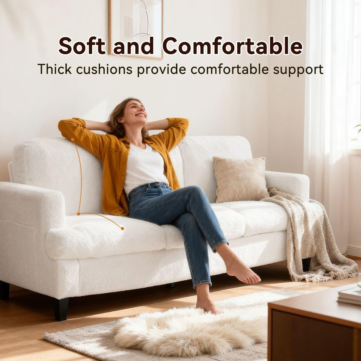 6-Seat Modern Lamb Fleece Sofa with Side Pockets