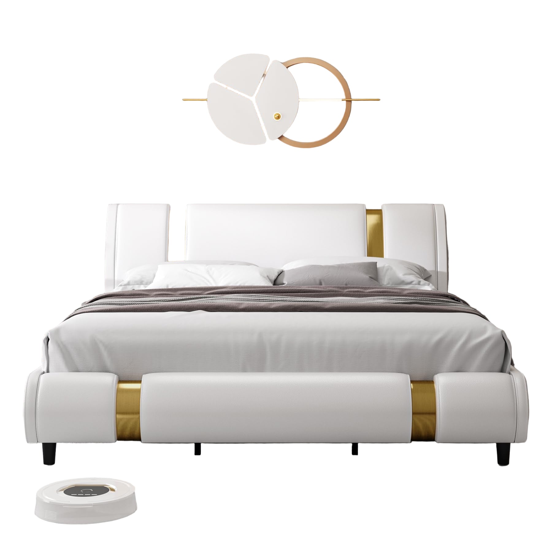 Modern Faux Leather Upholstered Platform Bed Frame with Golden Iron Metal Decor