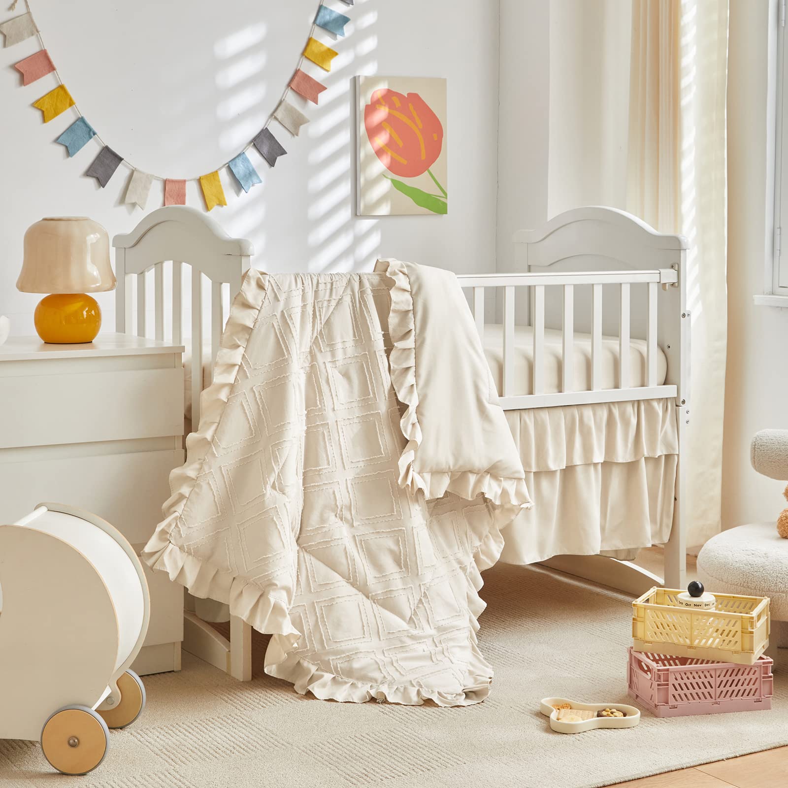 Tufted Ruffle Crib Bedding Set 3 Pieces Baby Boho Quilted Comforter