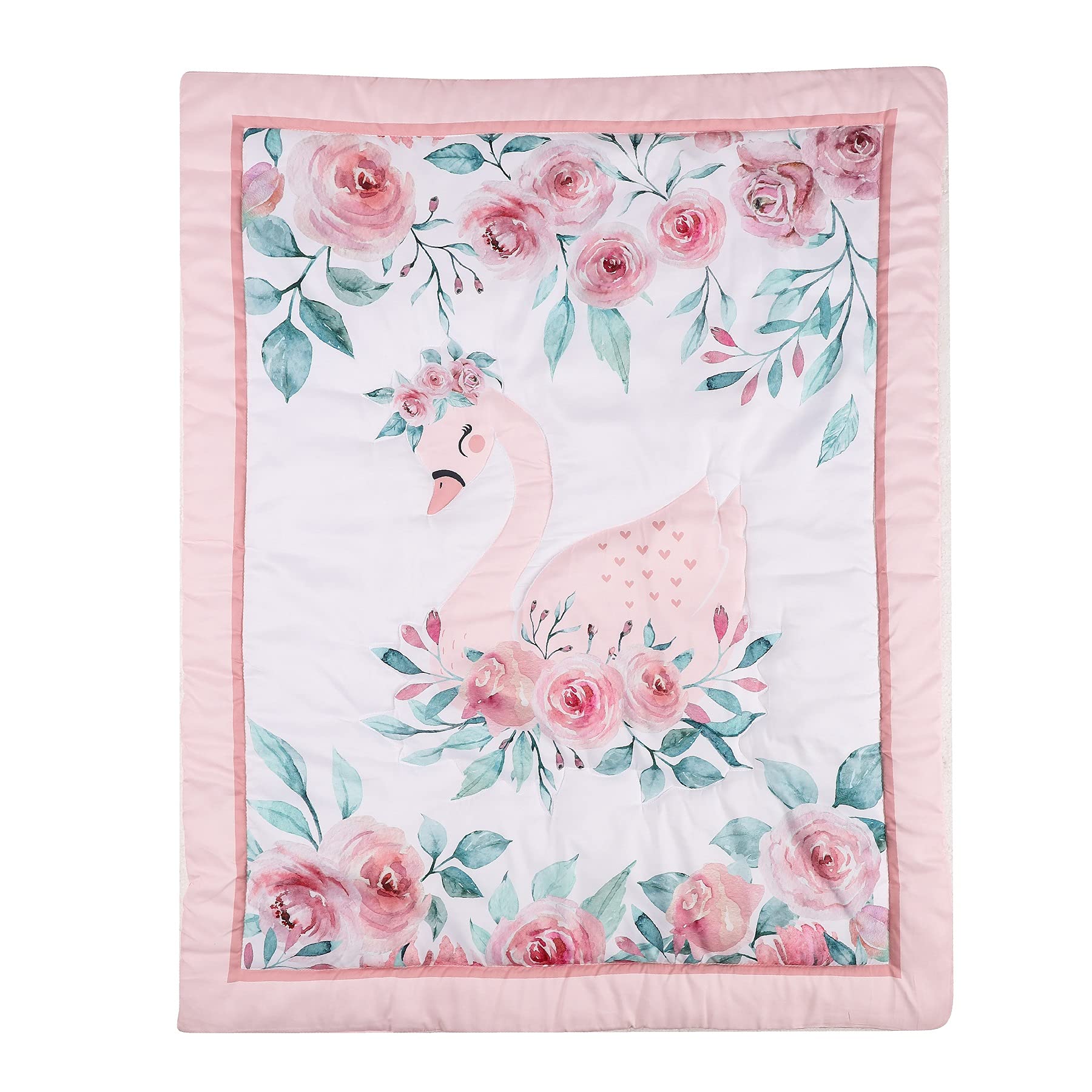 4 PCs Pink Floral Swan Theme Nursery Crib Bedding Set 1 Quilt 2 Fitted Sheet