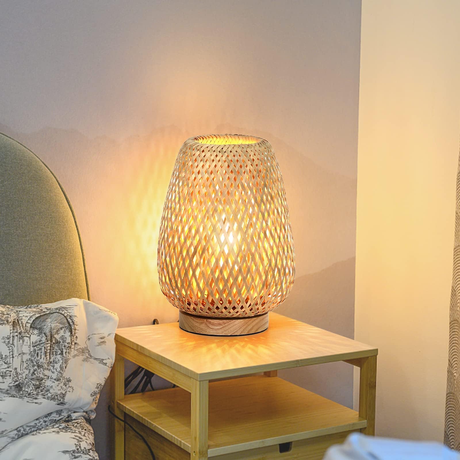 Table Lamp, Stepless Dimmable Small Beside Lamp, Vintage Wicker Wooden Nightstand