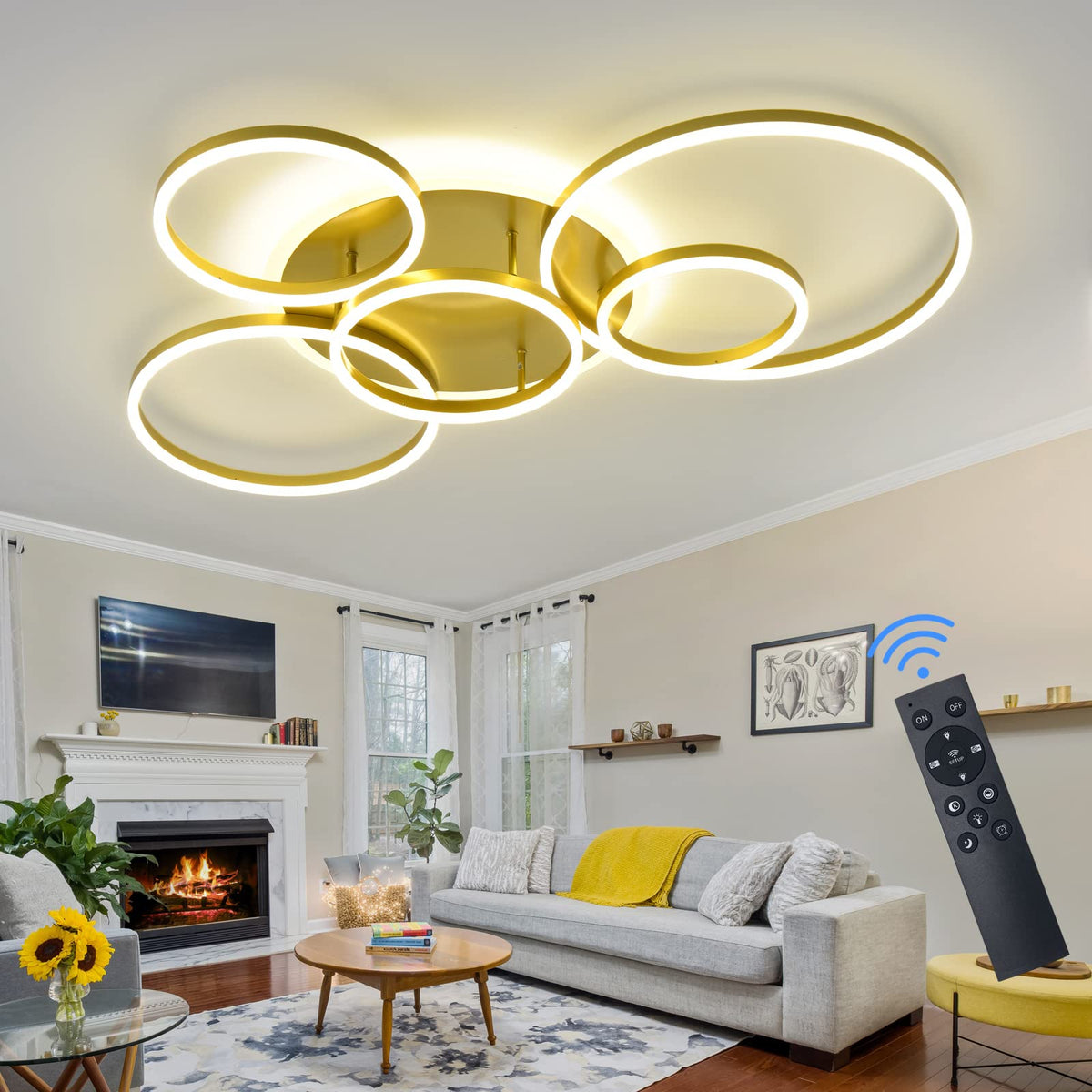 106W Dimmable LED Flush Mount Ceiling Light with Remote, 5 Rings, 3000–6000K