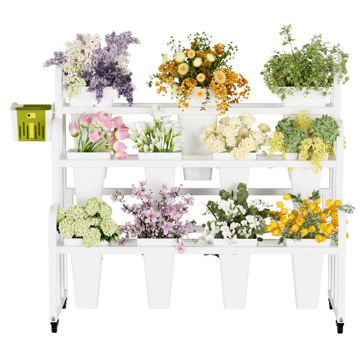 3-Tier Metal Flower Display Stand with Wheels & Buckets