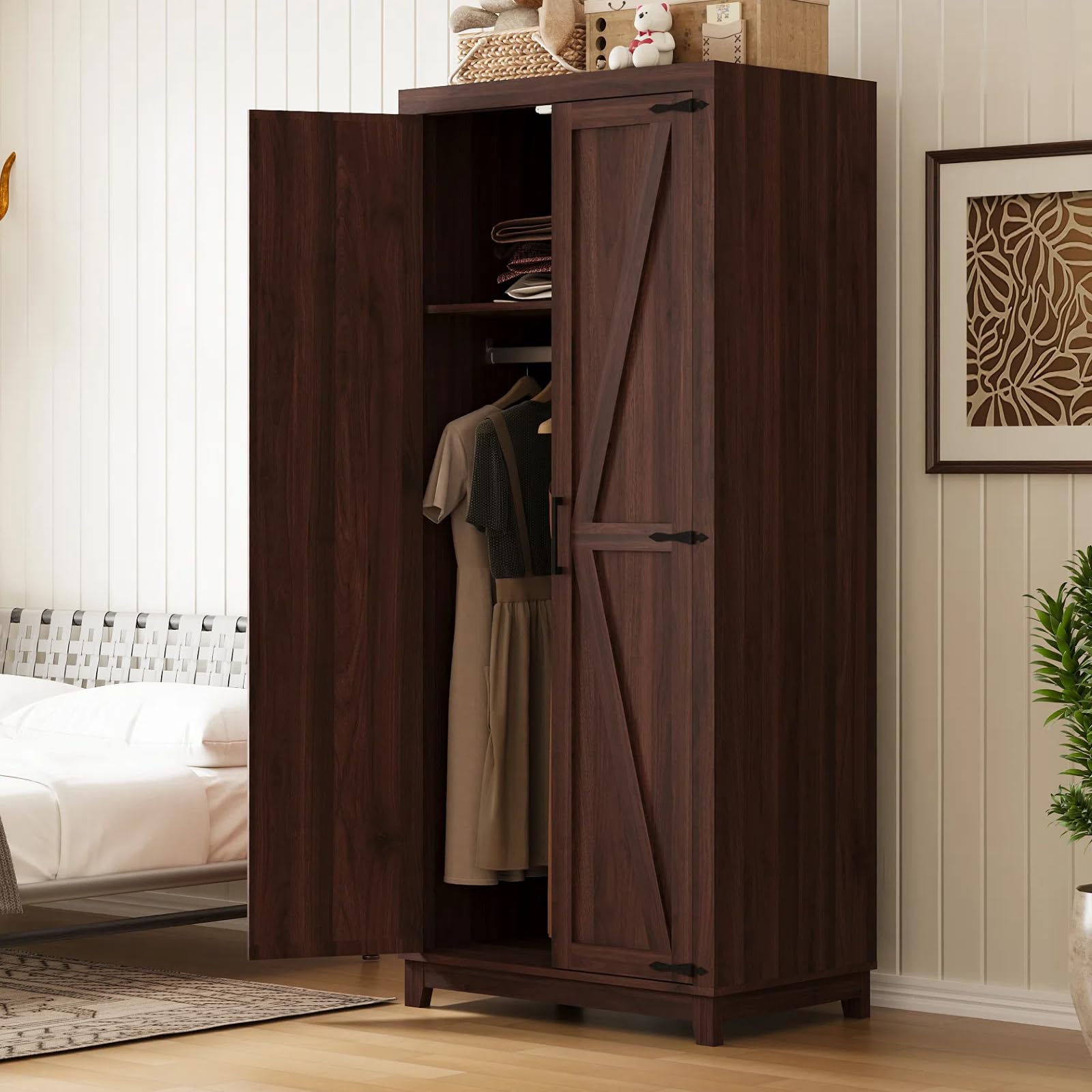 Wooden Wardrobe Closet with Door, 70" Tall Bedroom Armoire with Hanging Rod