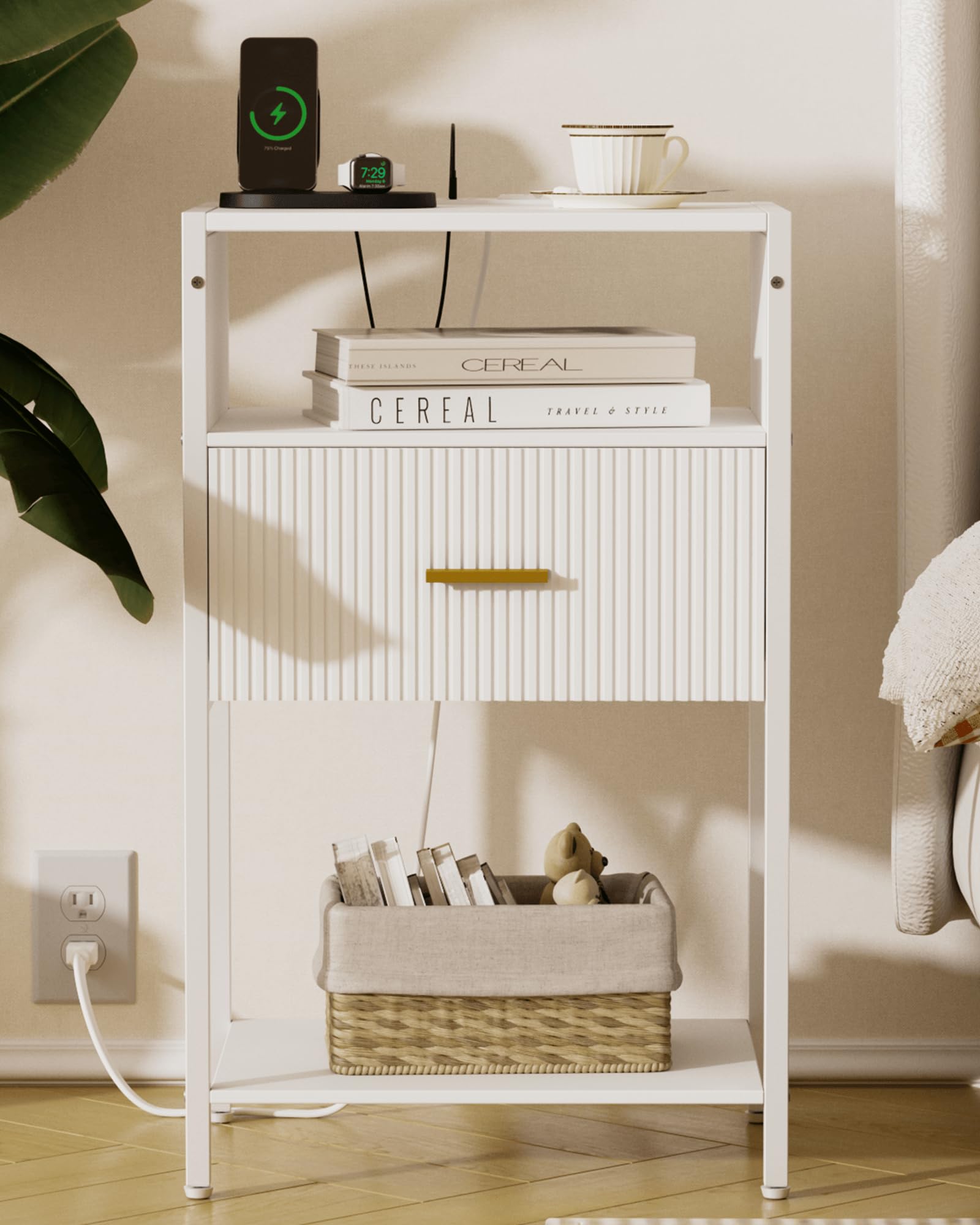 White Nightstand with Charging Station, Fluted Side Table with Drawer