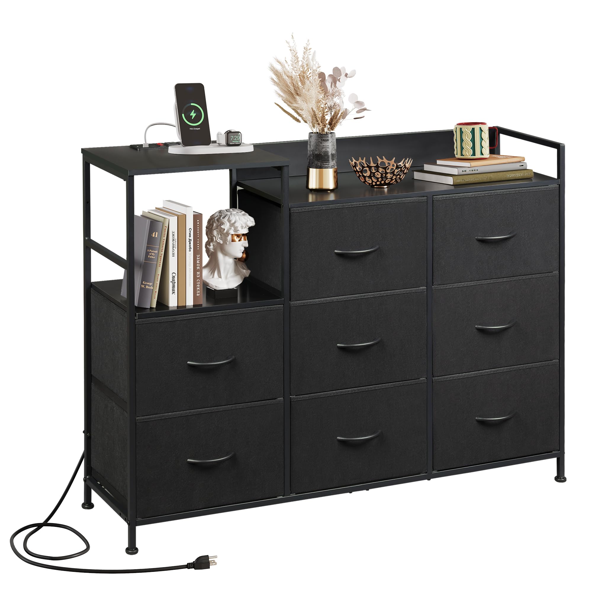 Black Dresser TV Stand for Bedroom with Charging Station and Open Shelves