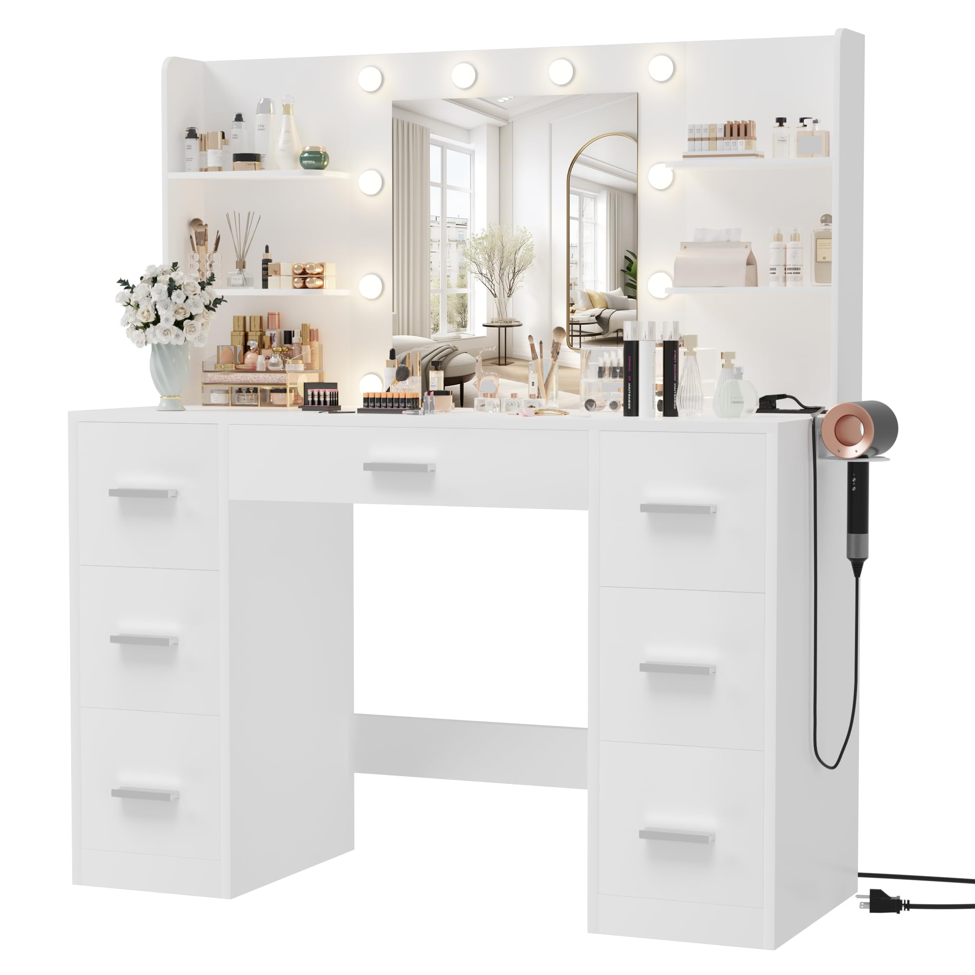 Desk with Mirror, LED Lights and Power Outlet Makeup Vanity Table with 7