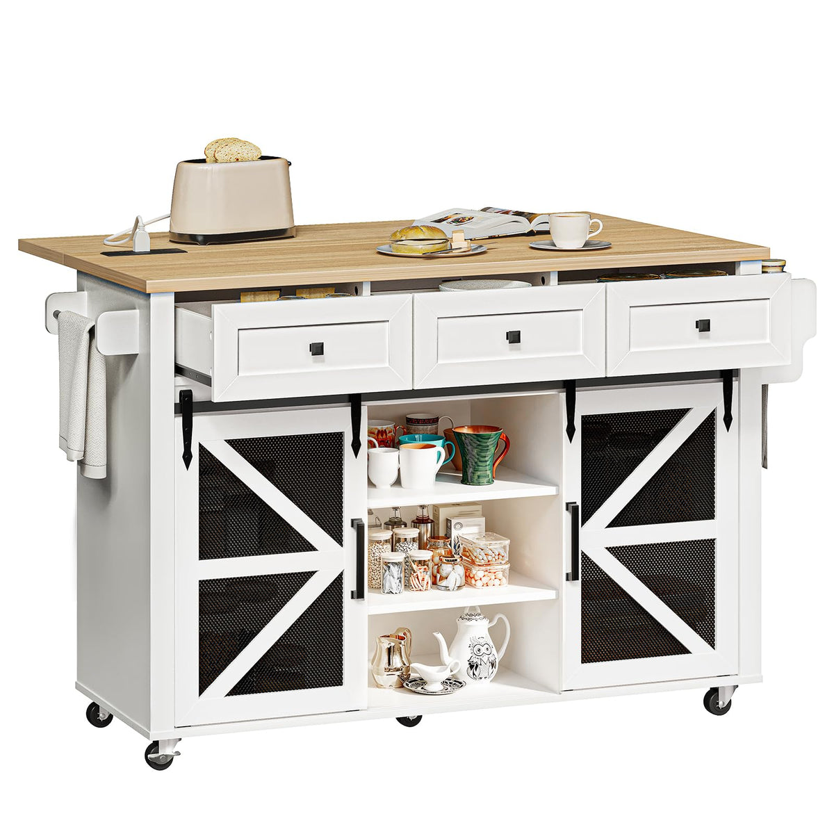 Rolling Kitchen Island with Storage & Charging Station