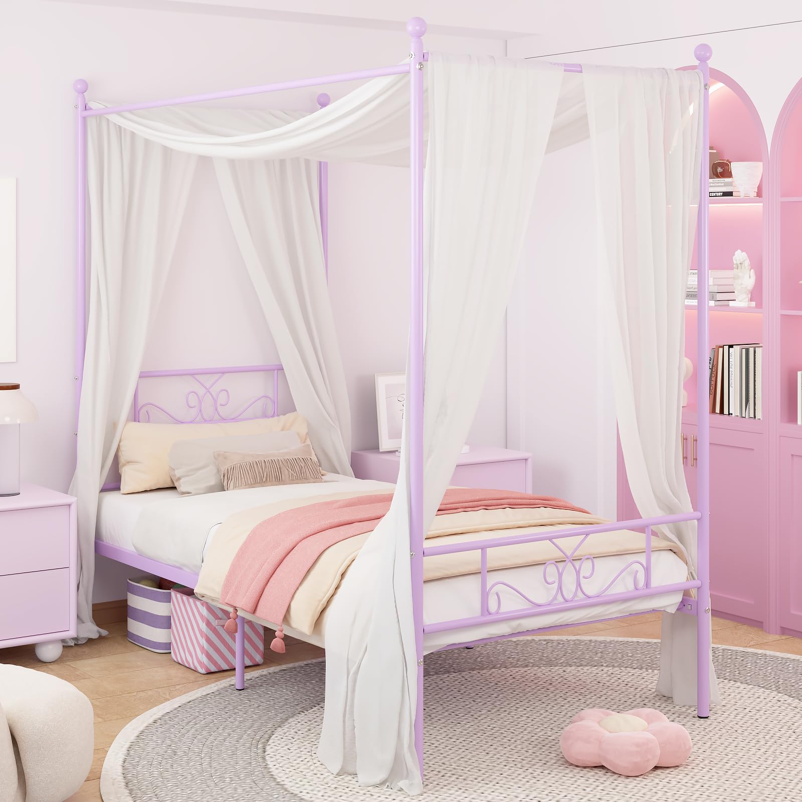 Twin Canopy Bed Frame with Headboard and Footboard, 4 Posters Metal Bed Frame