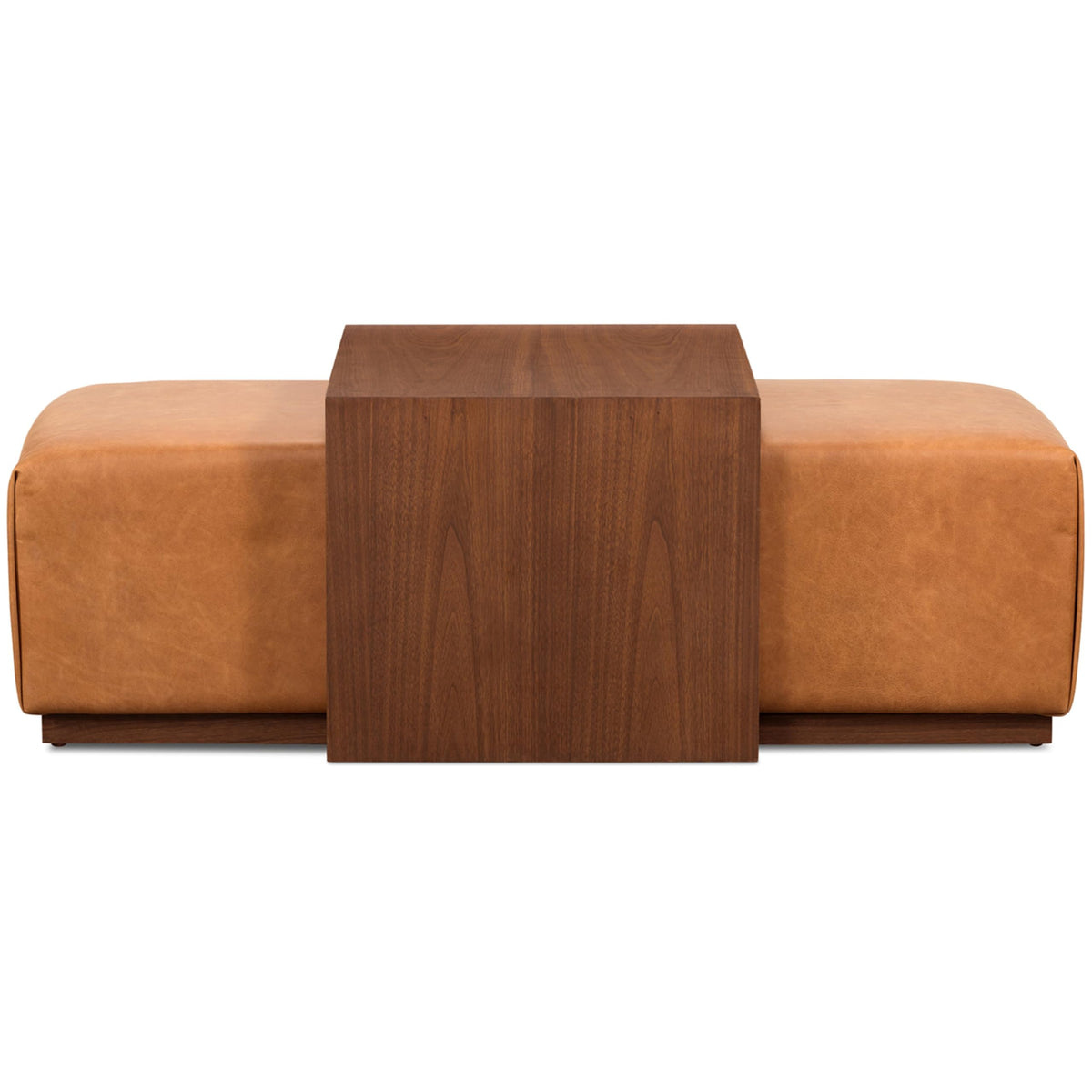Leather Ottoman with Walnut Tray Table – Saddle Tan