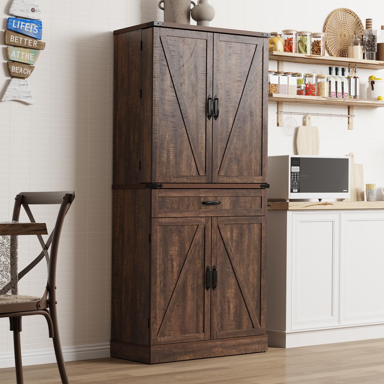 71" Tall Kitchen Pantry Cabinet with 3 Drawers & 6-Door Barn Shelves