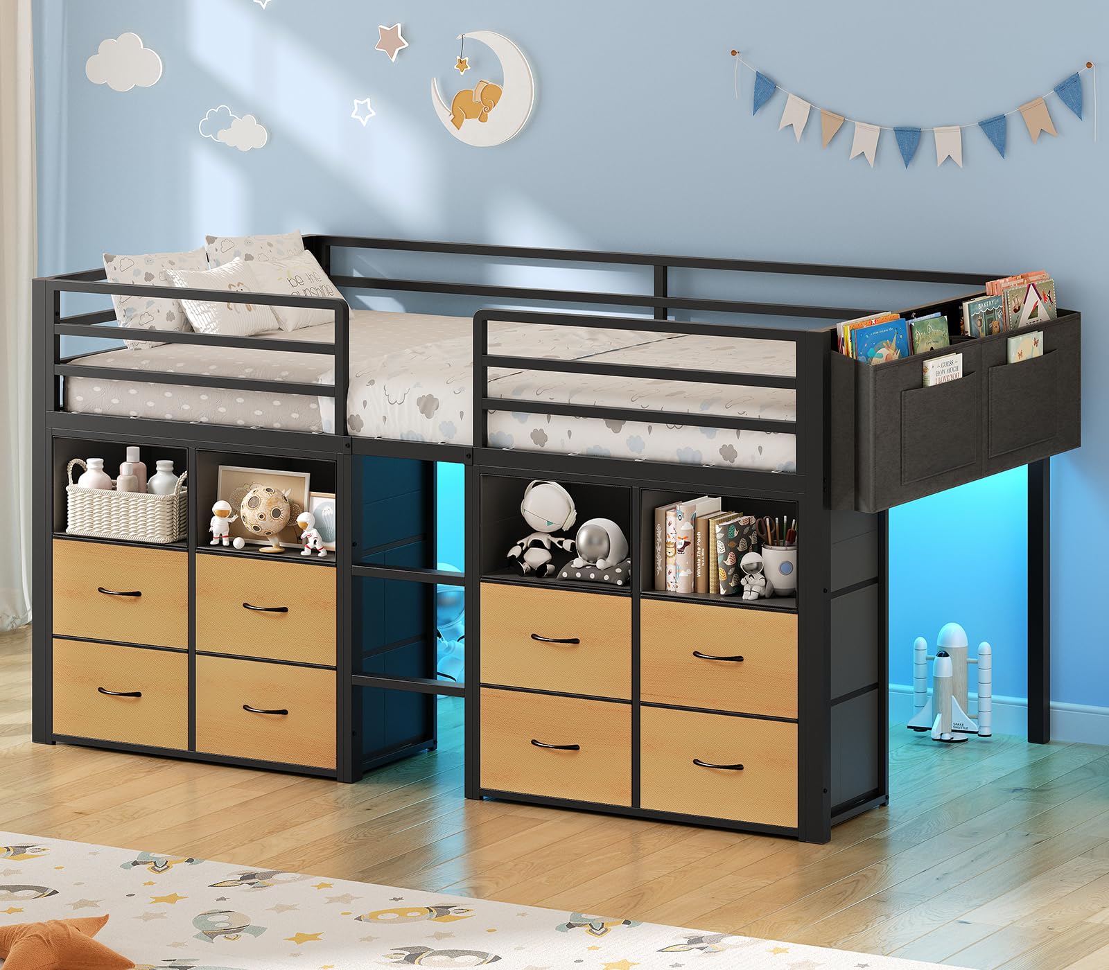 Low Loft Bed Twin Size with 8 Storage Drawers, Twin Loft Bed