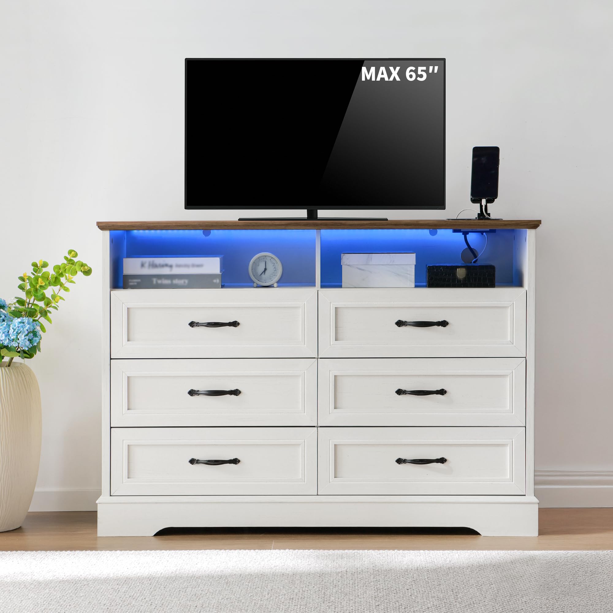 White Dresser for Bedroom,6 Drawers Dresser with LED Light