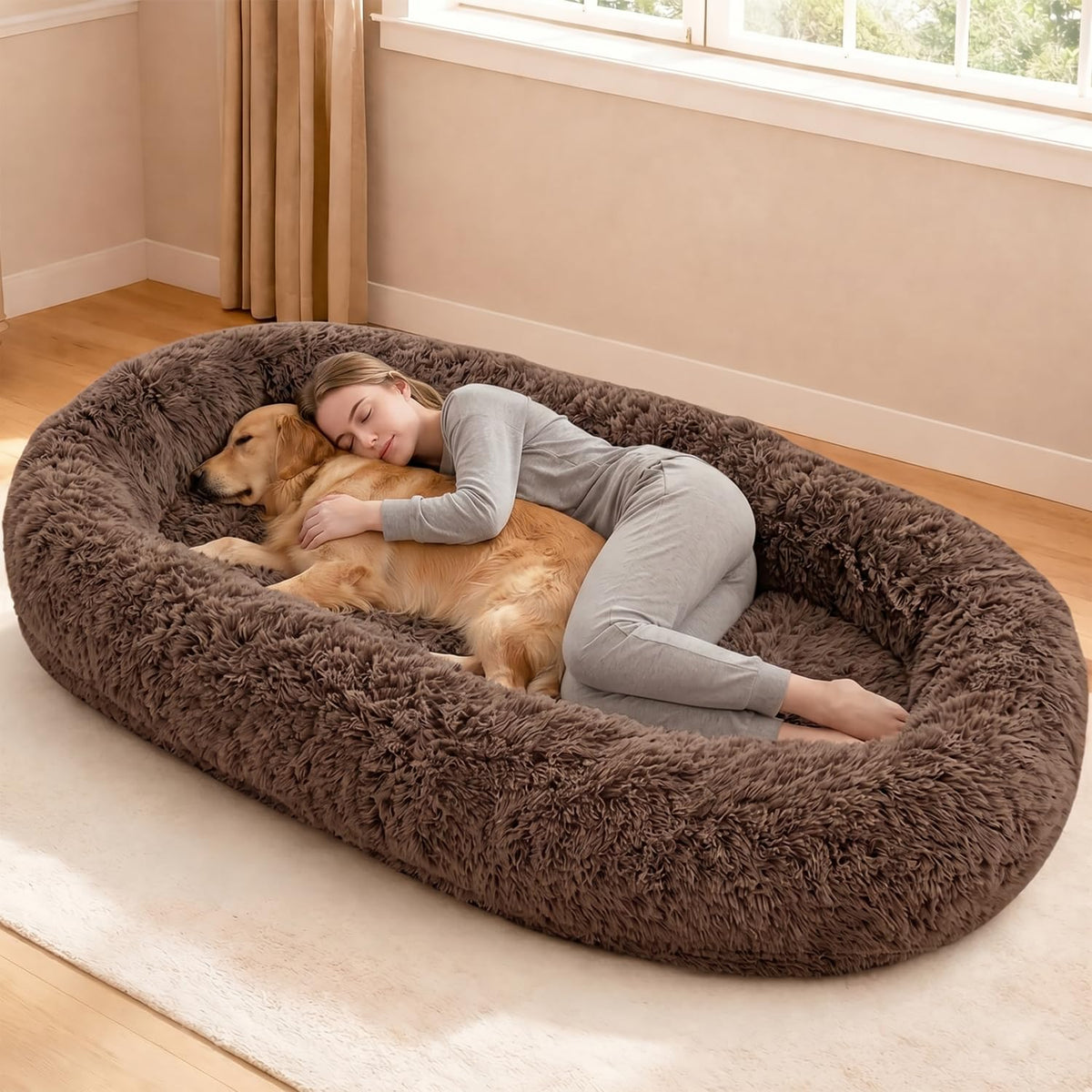 Oversized Human Dog Bed – Orthopedic Foam, Washable Cover, Brown