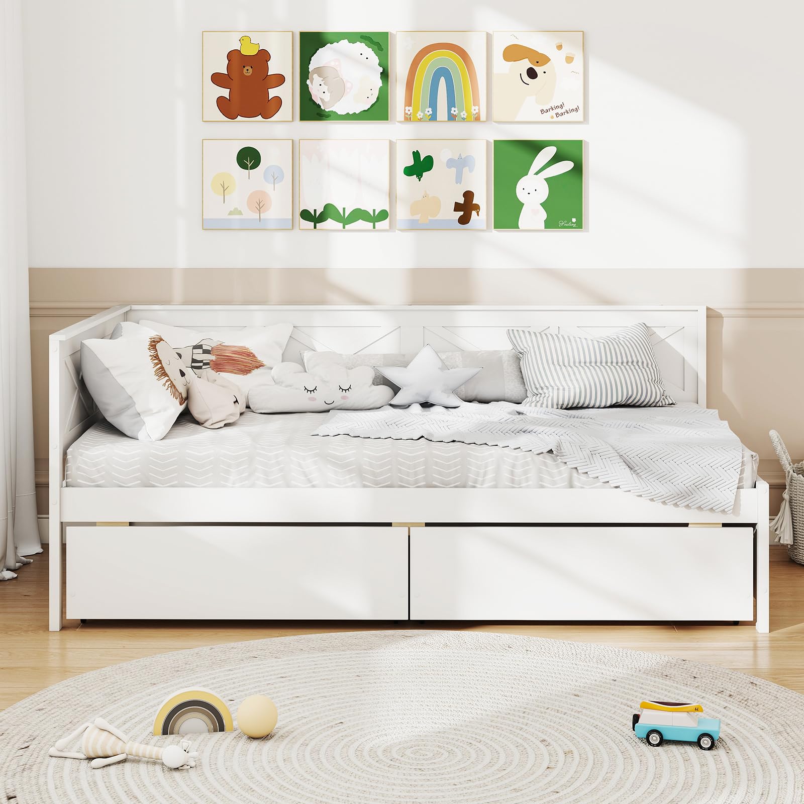 Daybed with Storage Drawers, Wood Corner Bed Frame w/X-Shaped