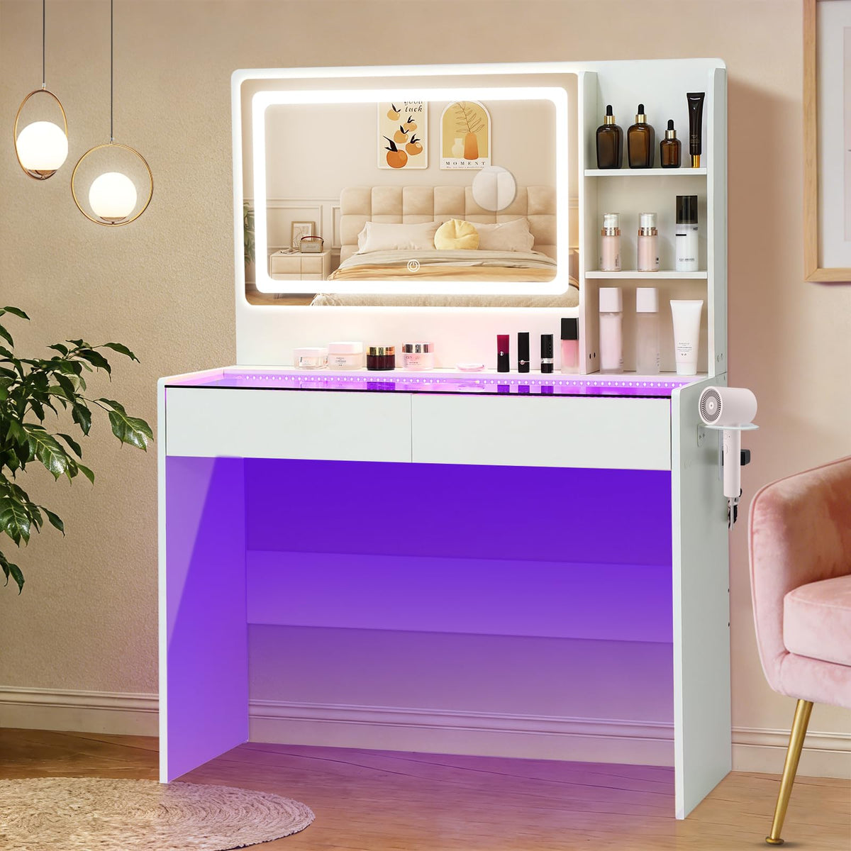 LED Makeup Vanity Desk with Mirror, RGB Lights & Glass Top