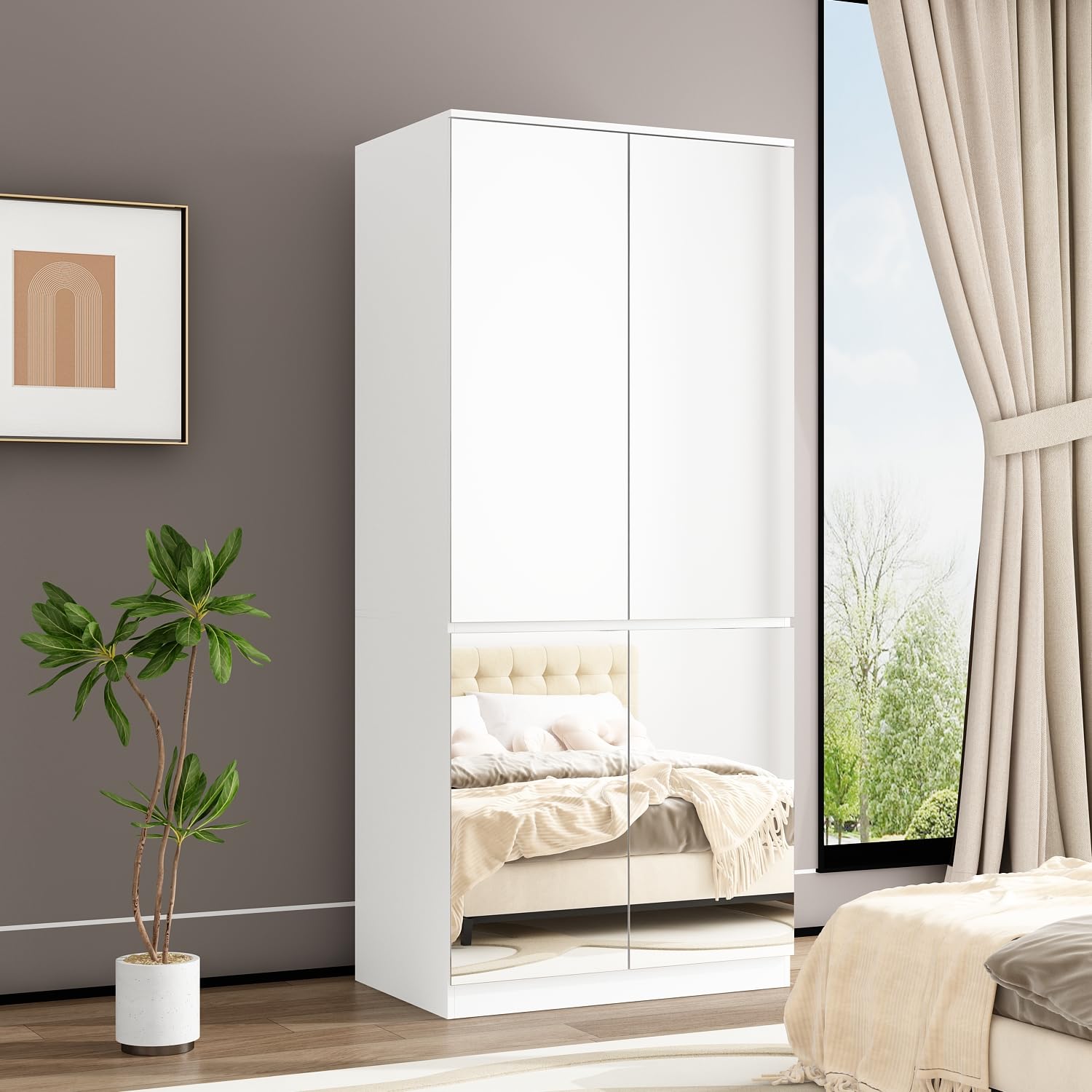 Wardrobe with Mirror Doors, White Bedroom Armoire with Shelves, Hanging Rod