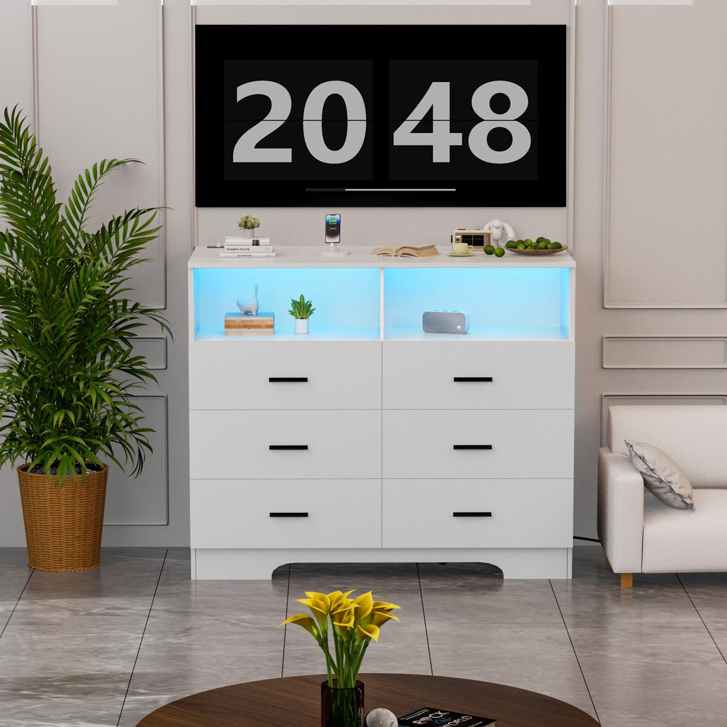with Power Outlets and LED Lights Wooden 6 Drawer Dresser