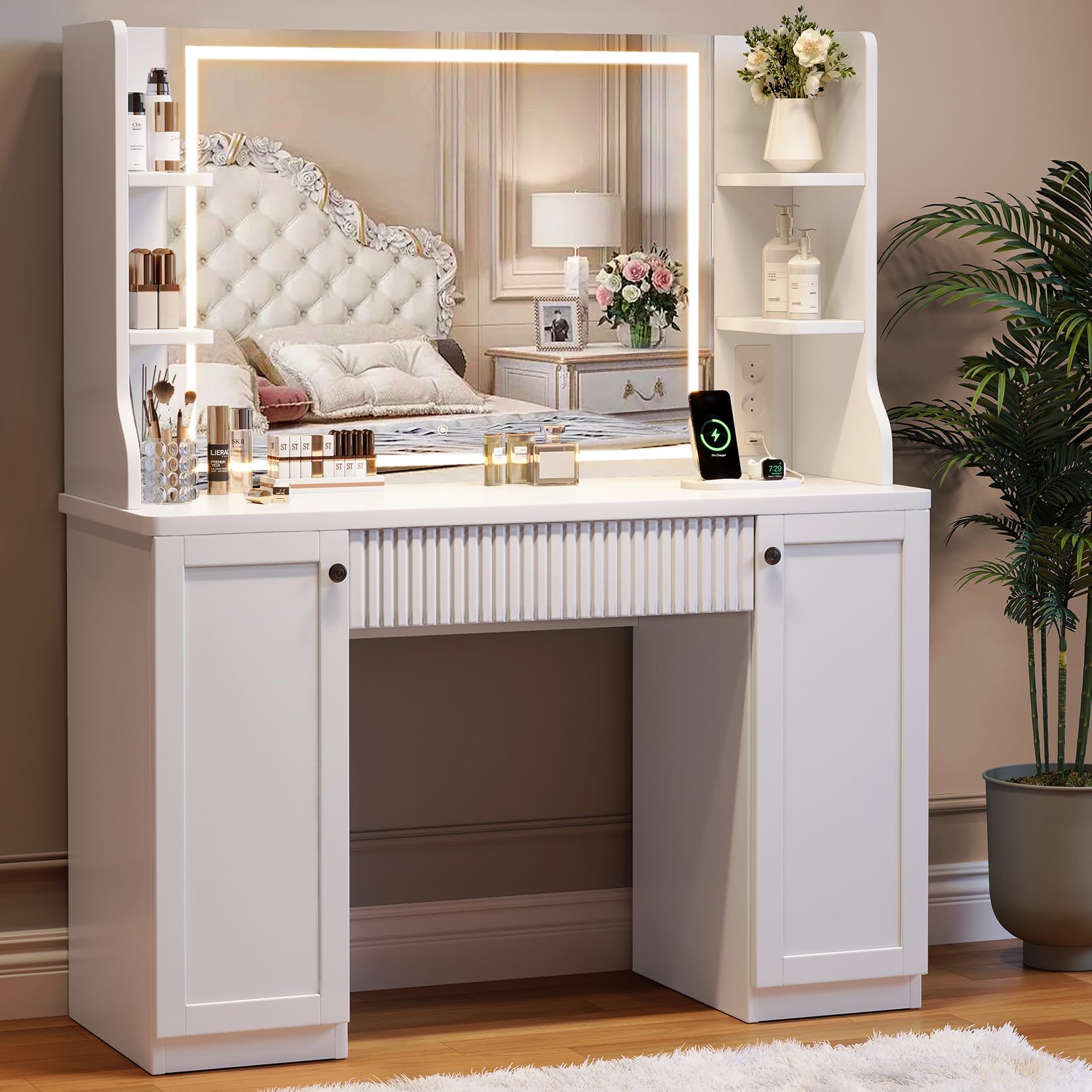 Desk with Mirror and Lights, Makeup Vanity Table with Power Outlet