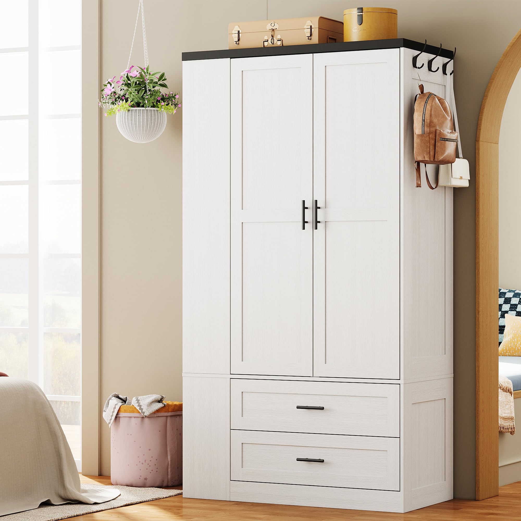 Armoire Wardrobe Closet with Large Mirror, Storage Cabinet with 2 Doors and 2 Drawers