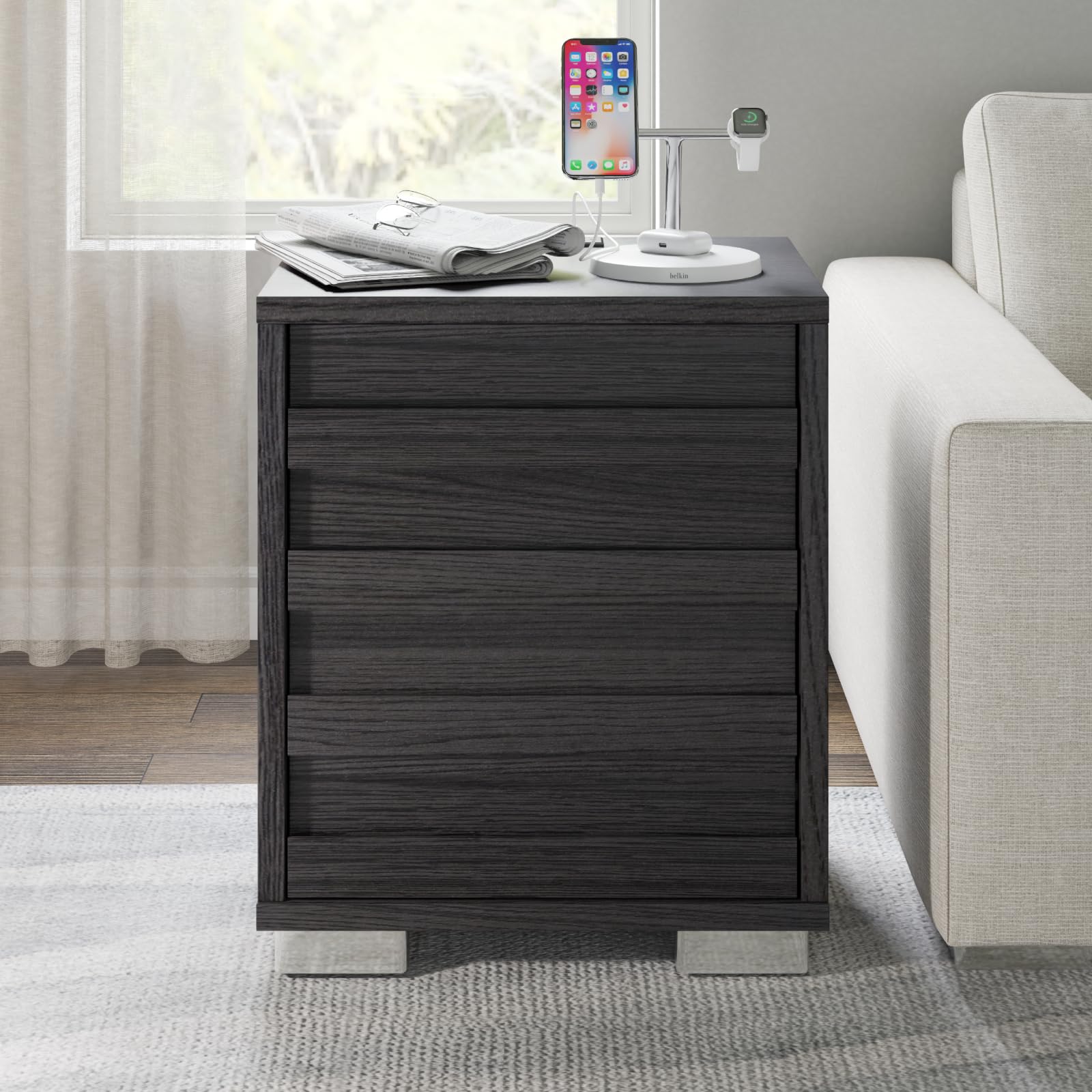Nightstand Set of 2 with Charging Station, Wood Bedside Table
