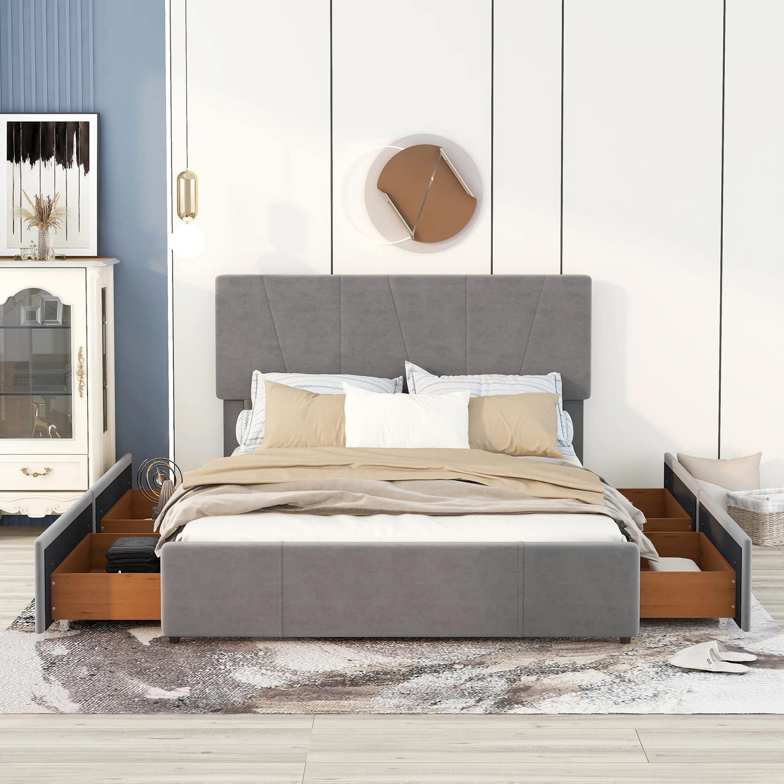 Queen Size Wooden Velvet Upholstered Platform Bed Frames with 4 Storage Drawers