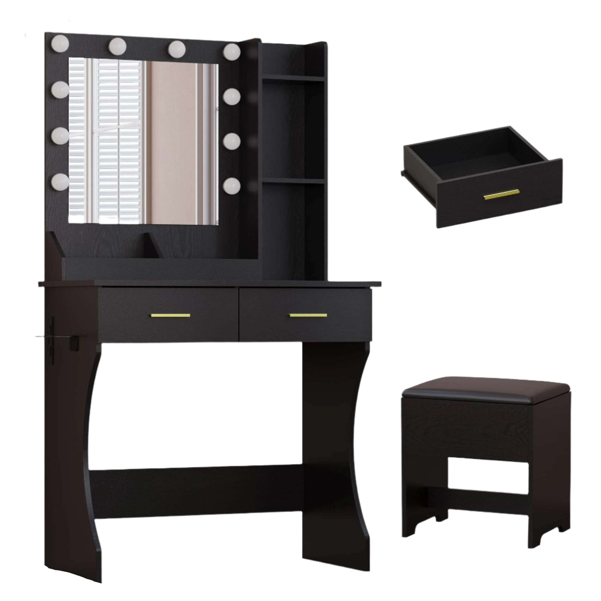 Small Vanity Desk with Mirror and Lights,Makeup Table with Charging Station