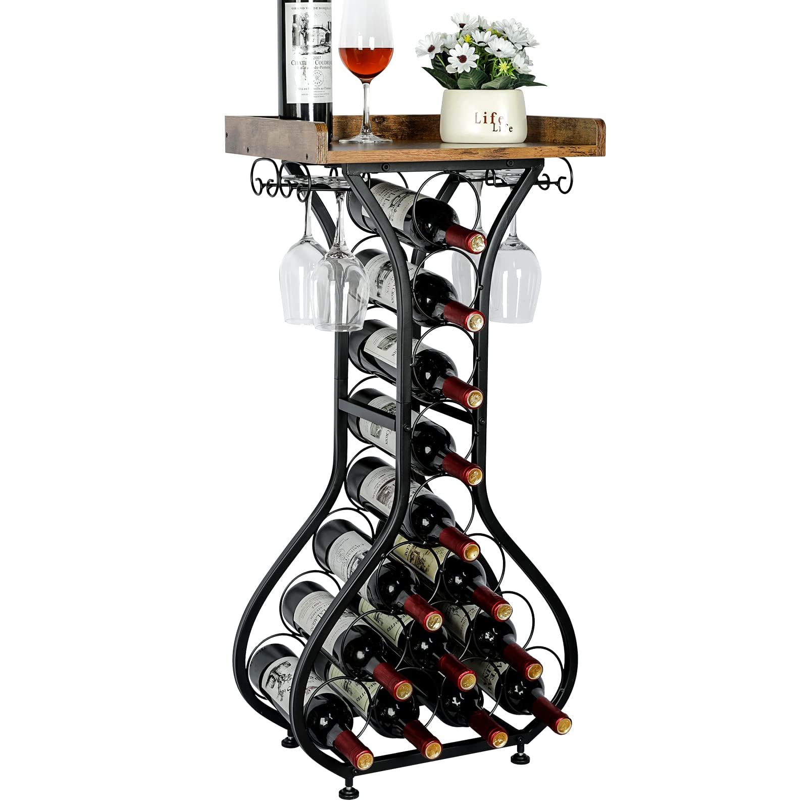Floor Wine Rack with Glass Holder & Wood Tabletop