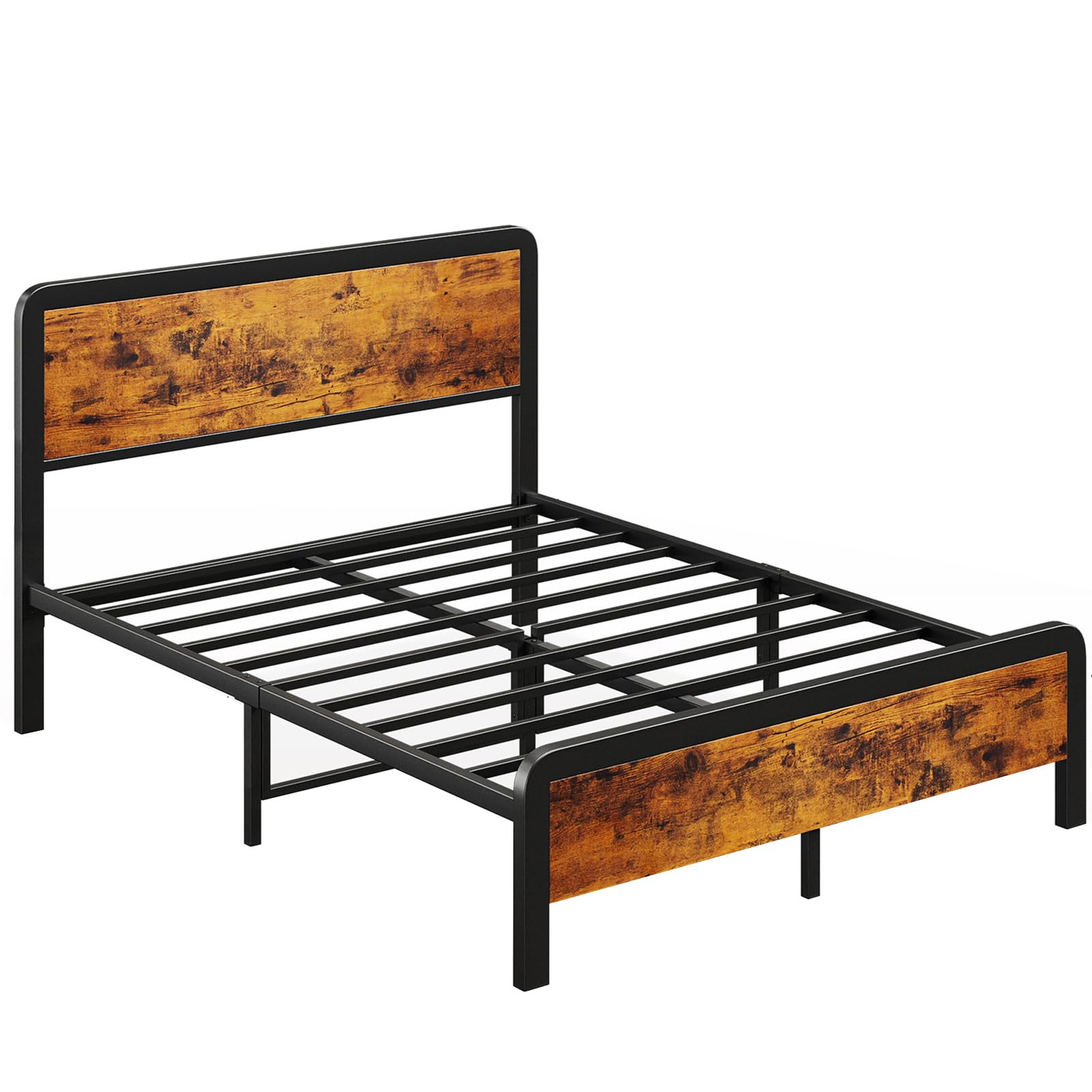 Full Size Bed Frame with Headboard Wood, Rustic Farmhouse Metal Bed Frames