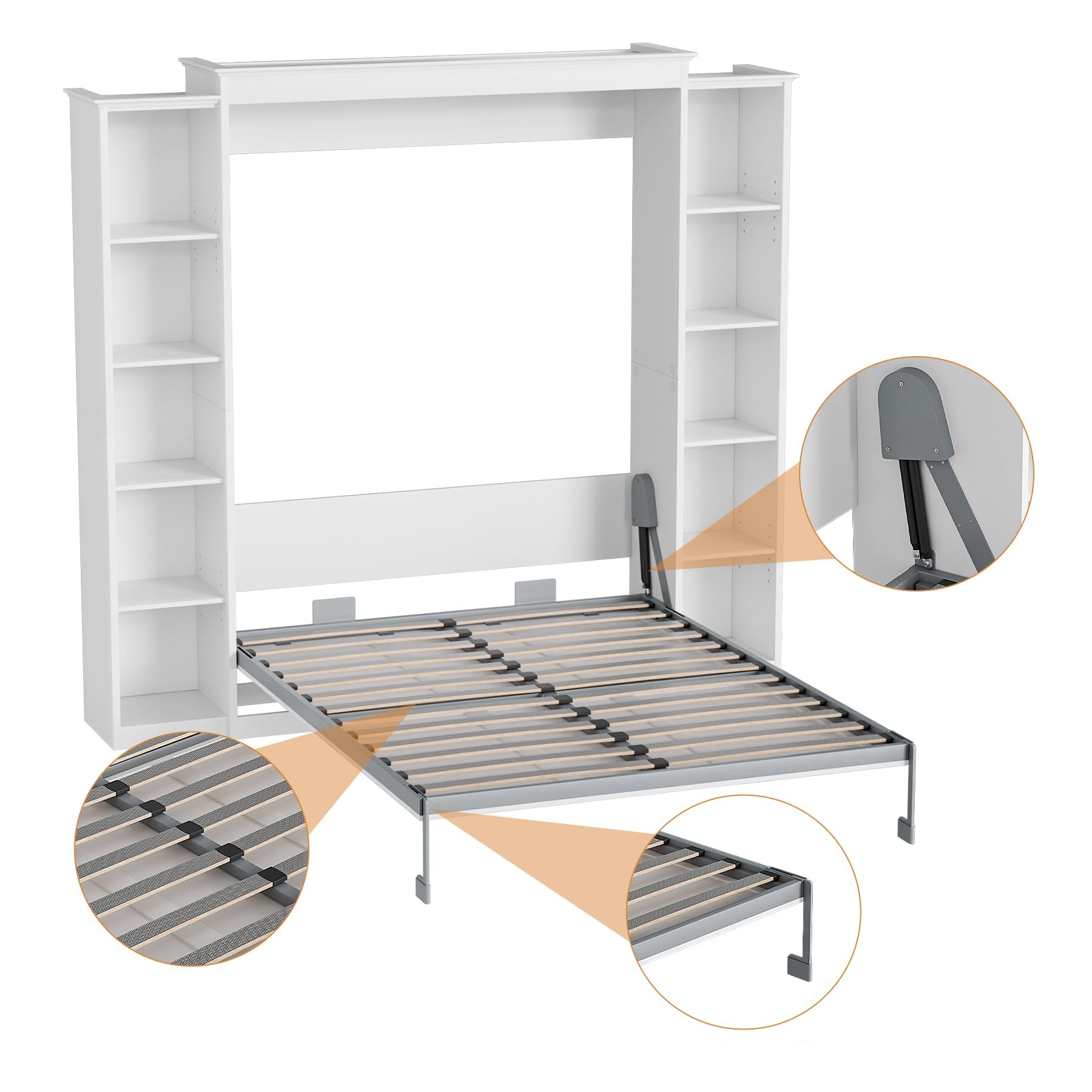 Queen Murphy Bed with Storage Bookcase & 4 Adjustable Shelves