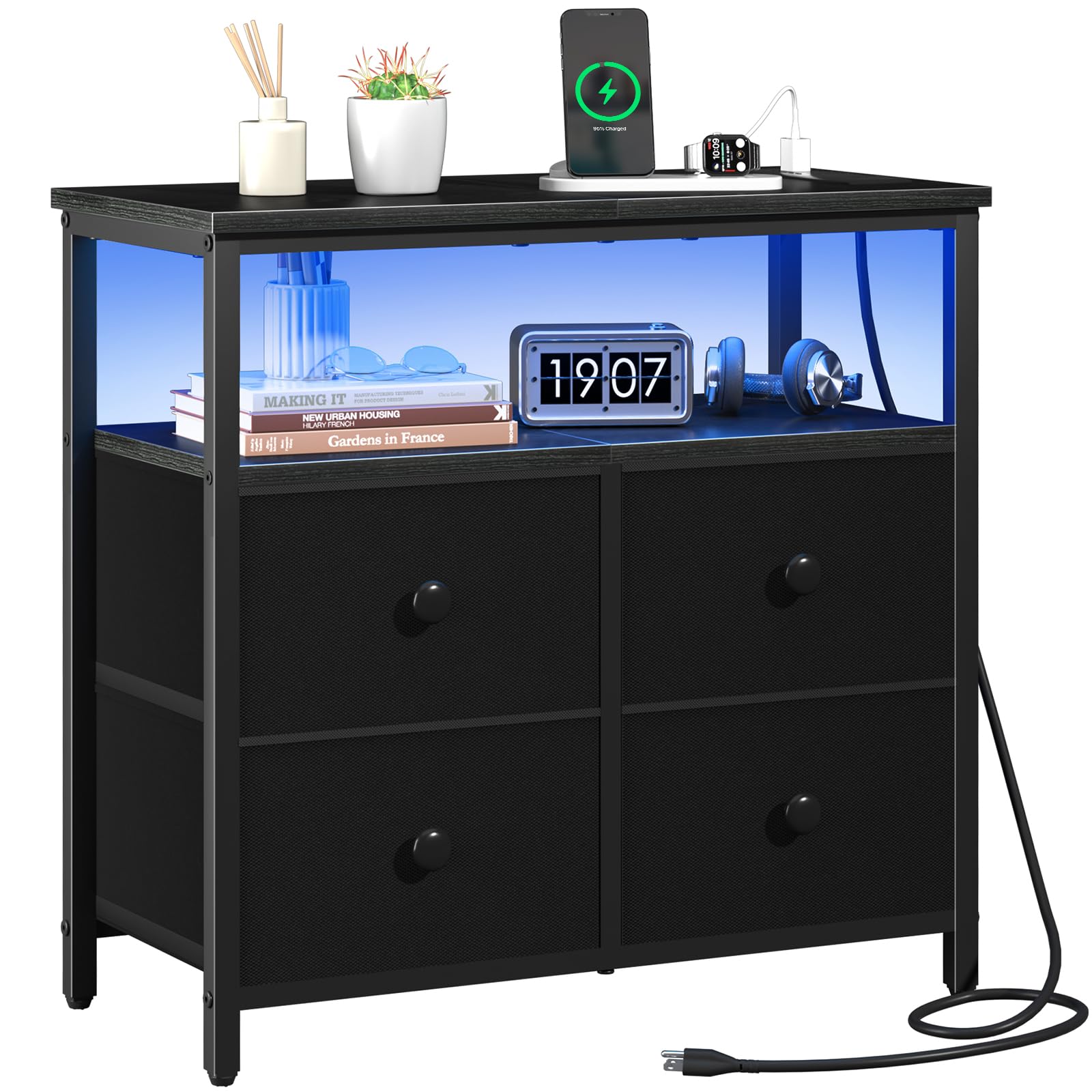 Night Stand with Charge Station, Nightstand with 4 Drawers Bedside Table