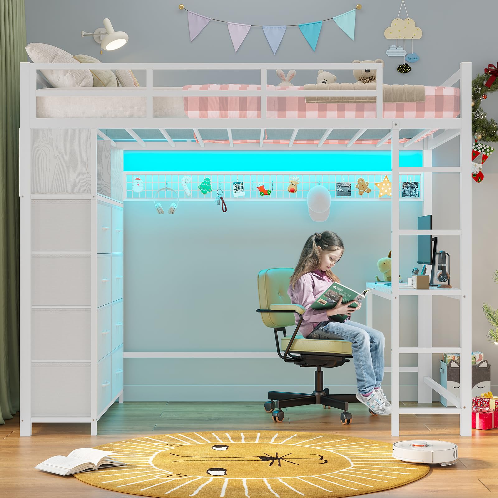 Twin Size Loft Bed with Desk and 8 Storage Drawers, Metal Kids Loft