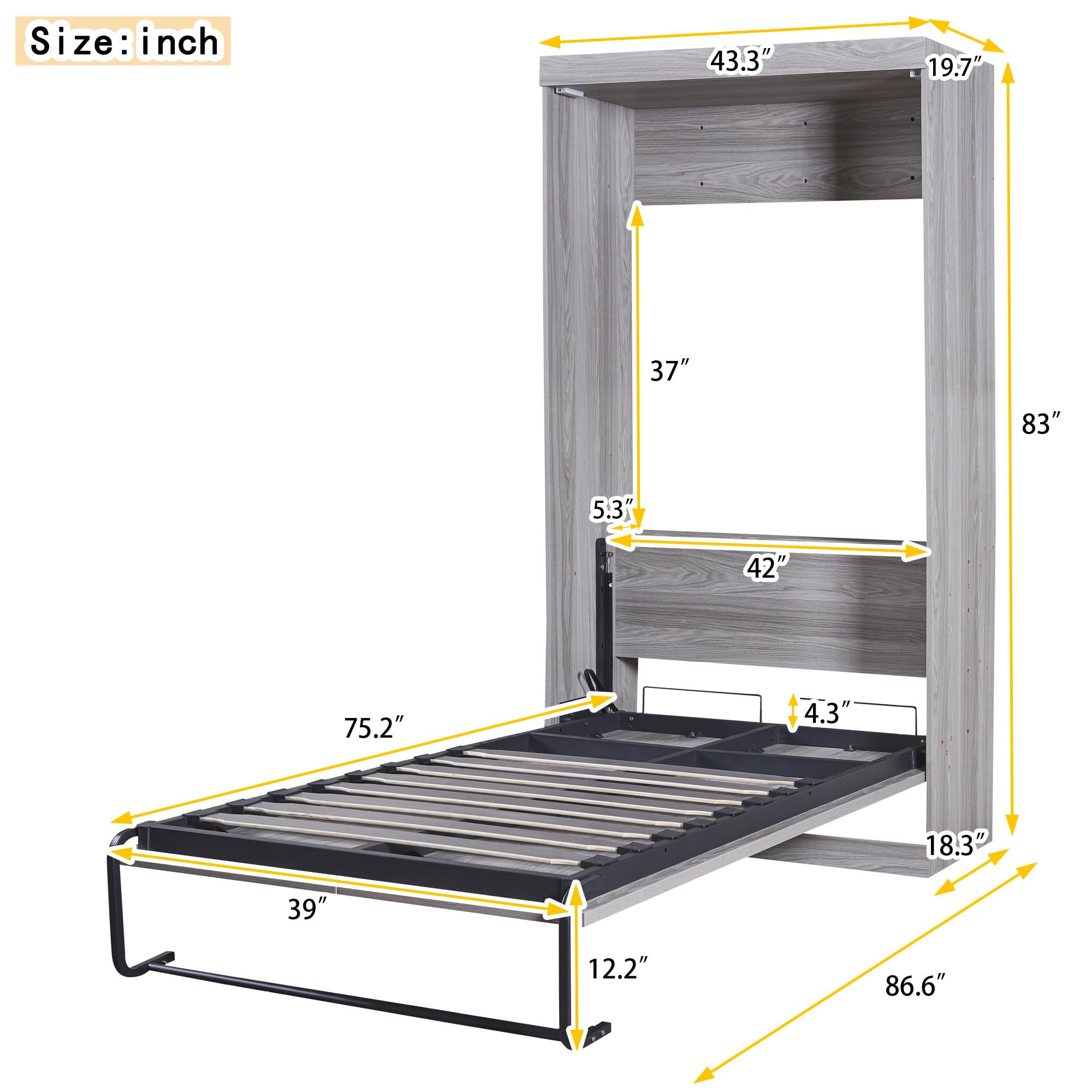 LUMISOL Twin Size Murphy Bed Frame, Wood Foldable Wall Bed, can be Folded into a Cabinet, Gray