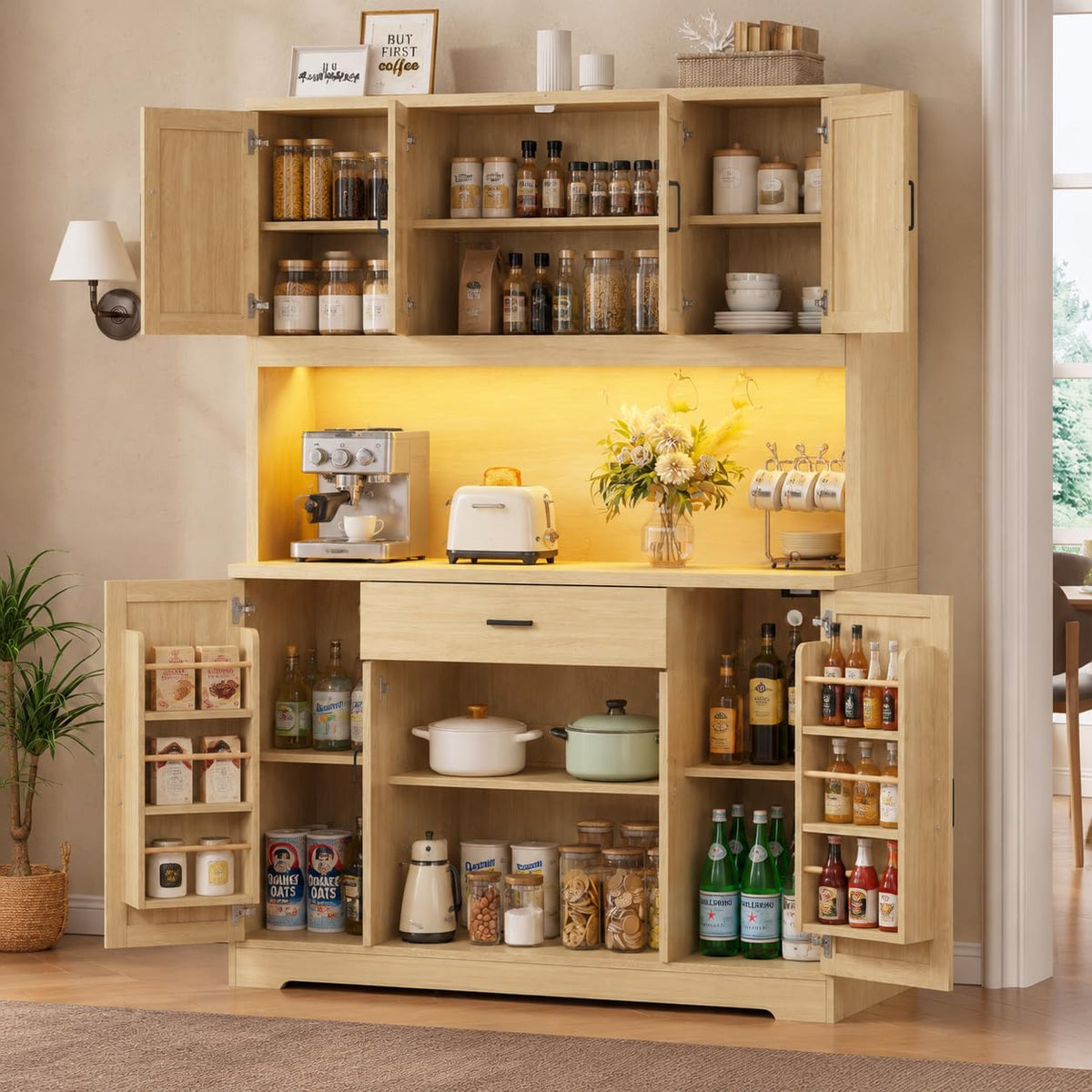 Kitchen Pantry Storage Cabinet with LED Lighting
