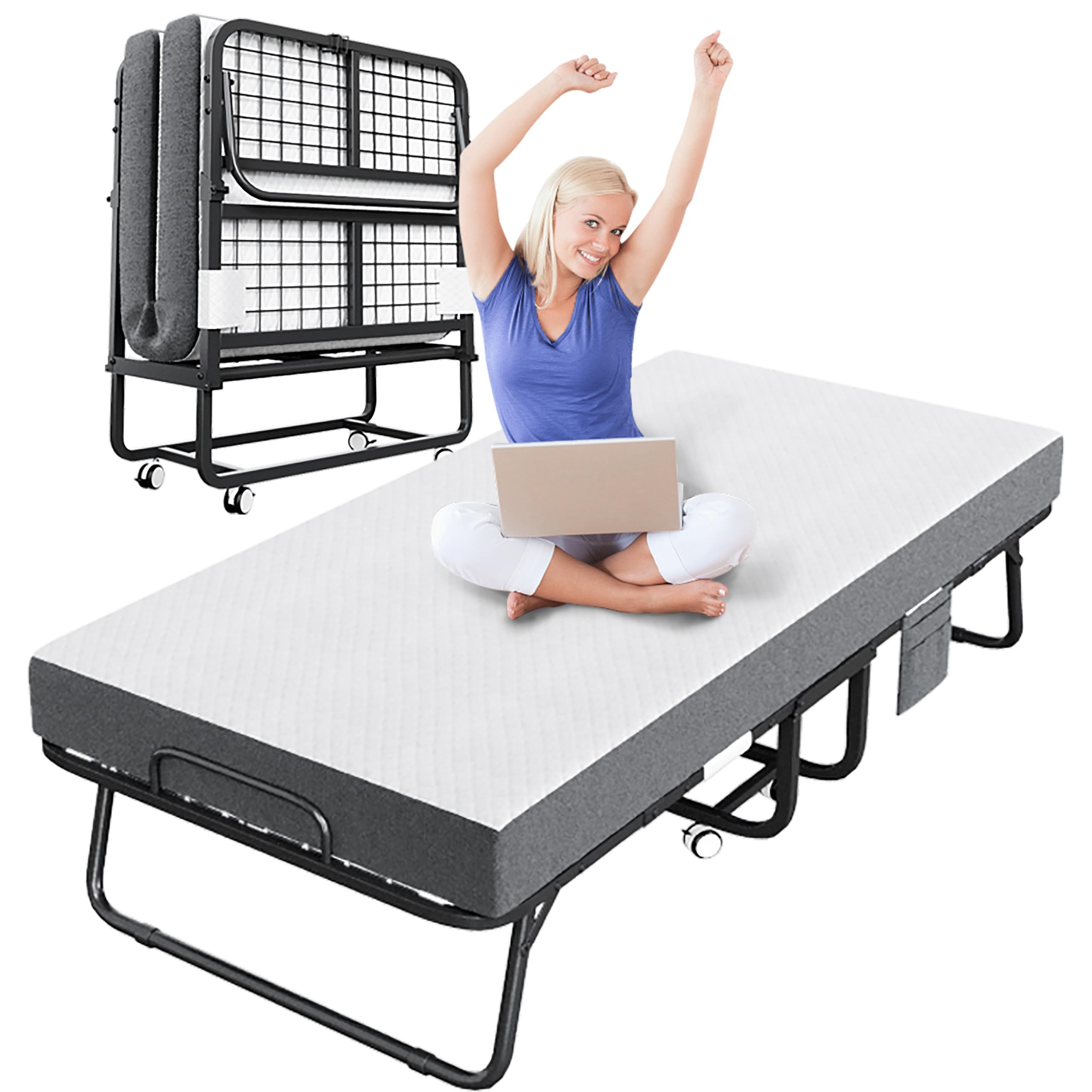 Folding Bed with Mattress, Portable Rollaway Bed for Adults - Foldable Cot