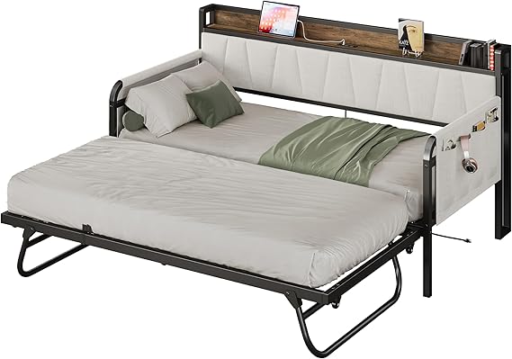 Daybed with Trundle Bed, Twin Bed Frame with Storage Headboard and Charging