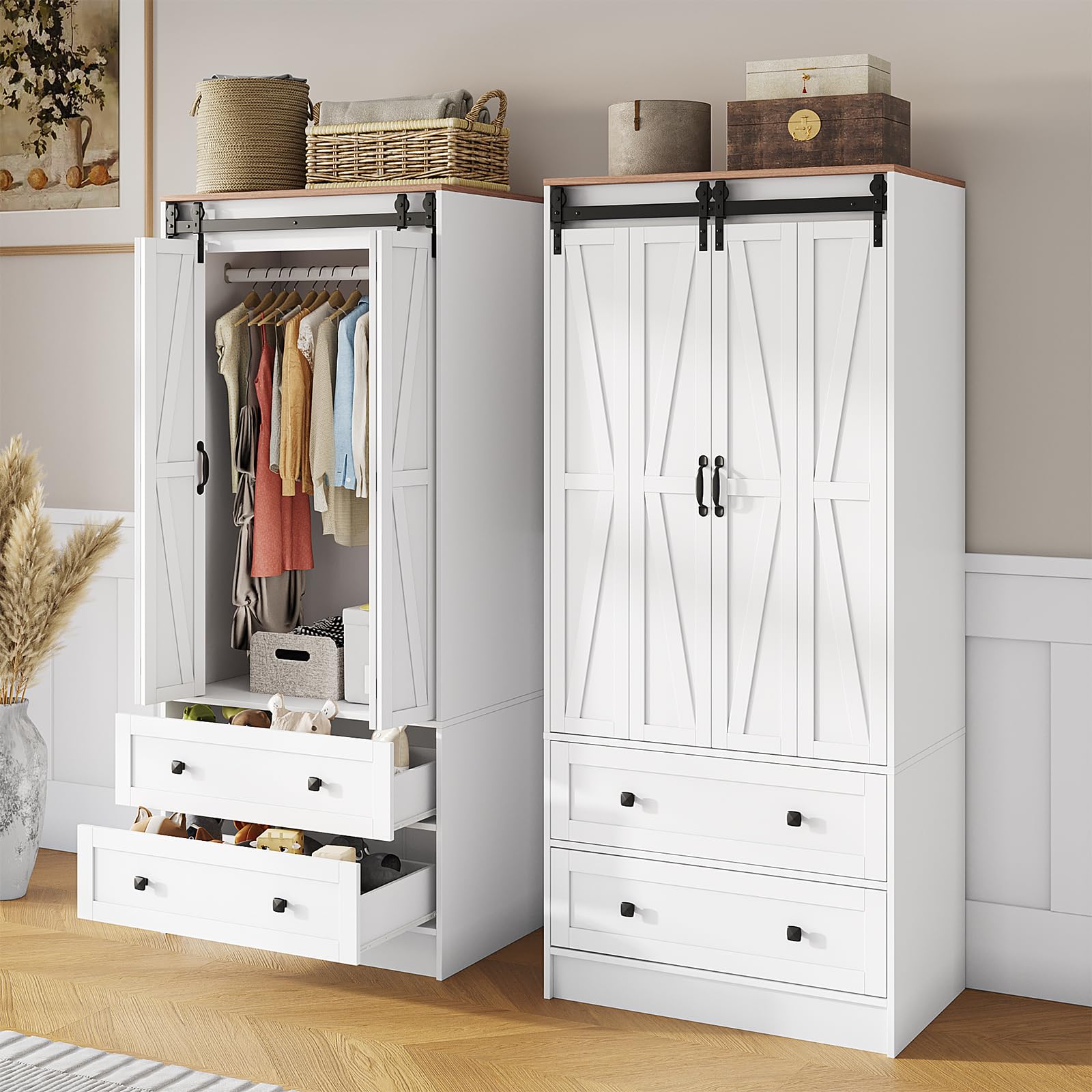 Farmhouse Armoire with 2 Folding Sliding Barn Doors and Drawers