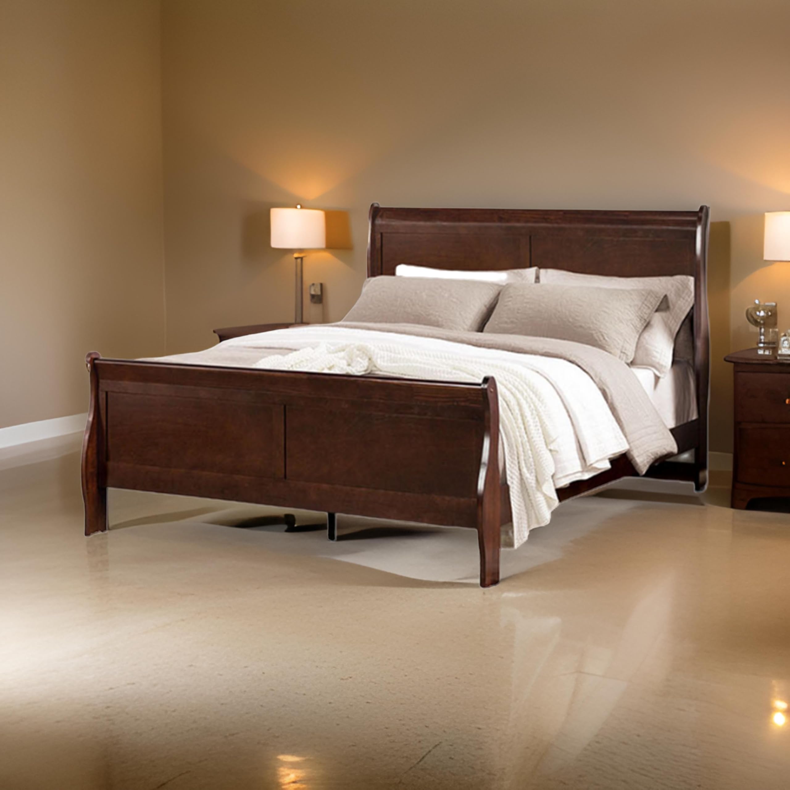RYLA Full Size Bed, Sleigh Panel Headboard, Dark Cherry Brown Solid Wood