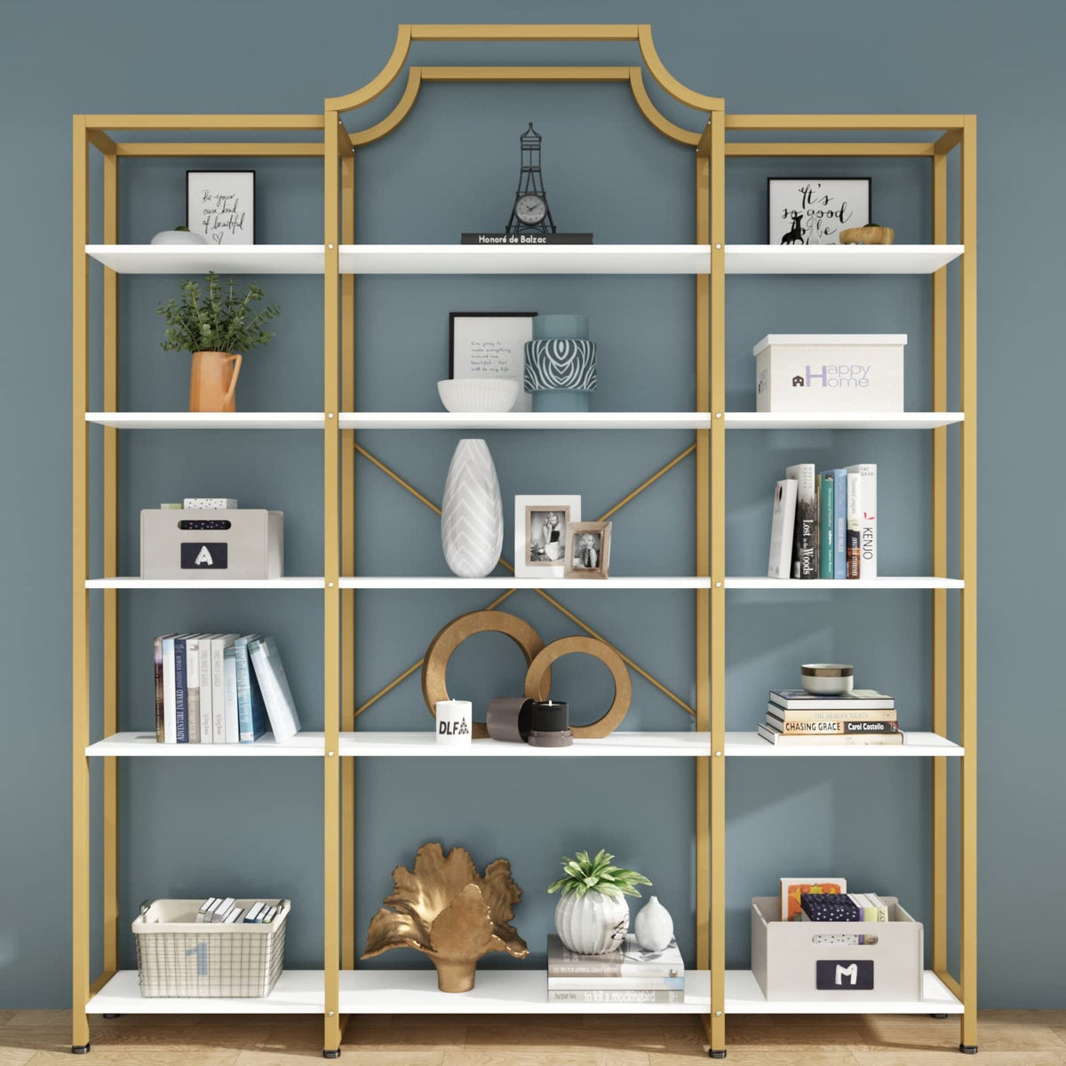 Triple Wide 5-Tier Bookshelf with Metal Frame